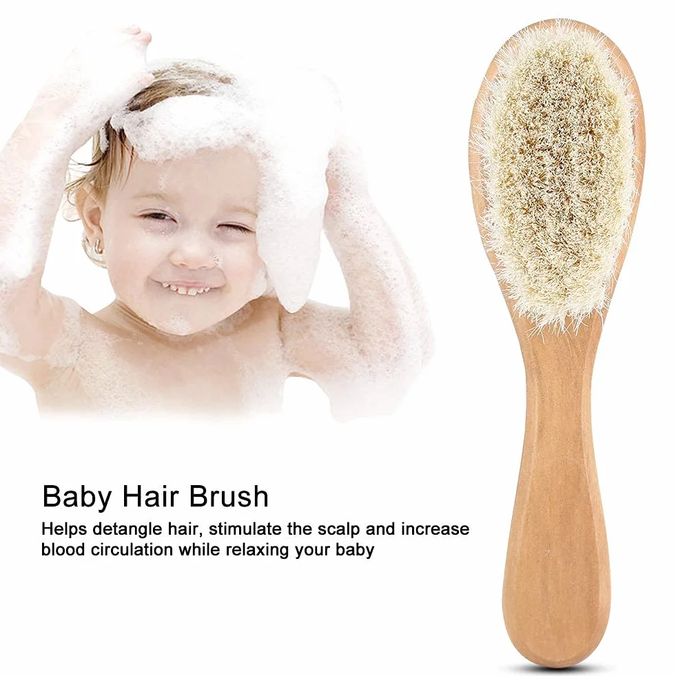 Peigne en cheveux de chèvre doux massage tête bébé manche bois