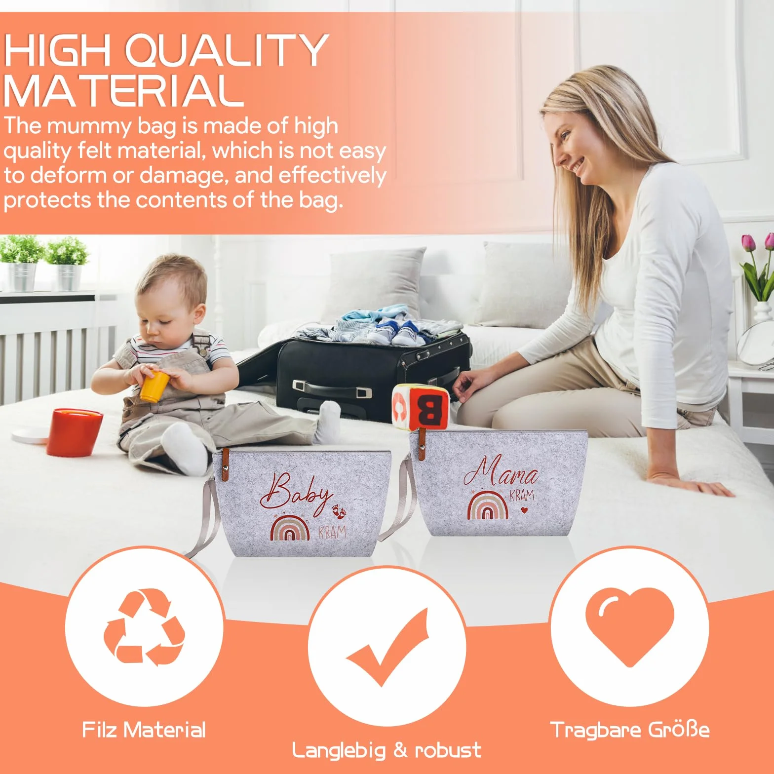 Trousse de Maquillage en Feutre Gris Clair pour Femmes Enceintes Cadeau de Naissance Baby Shower