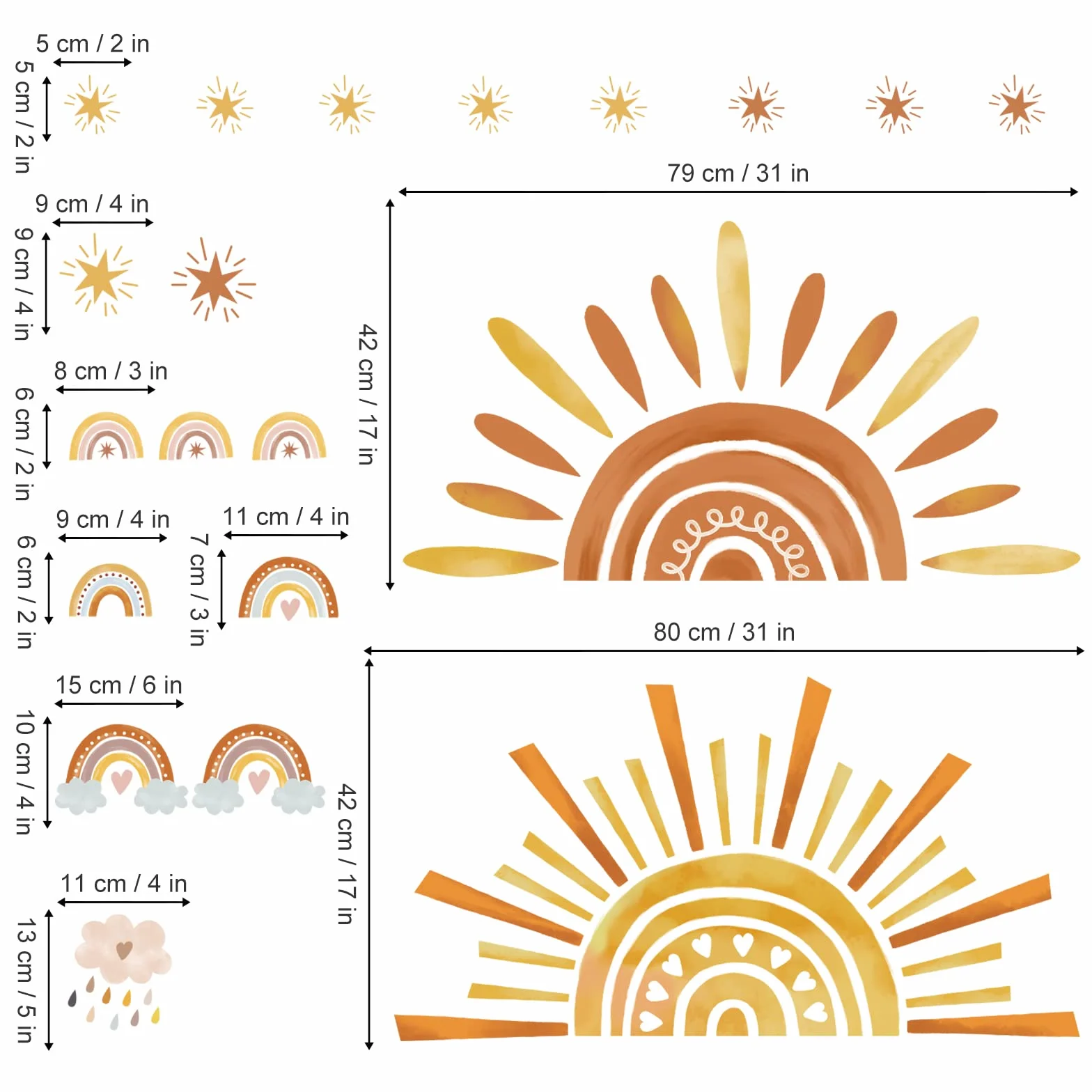 Autocollants Muraux Enfants Arc en Ciel Soleil Étoile Boho pour Chambre Bébé