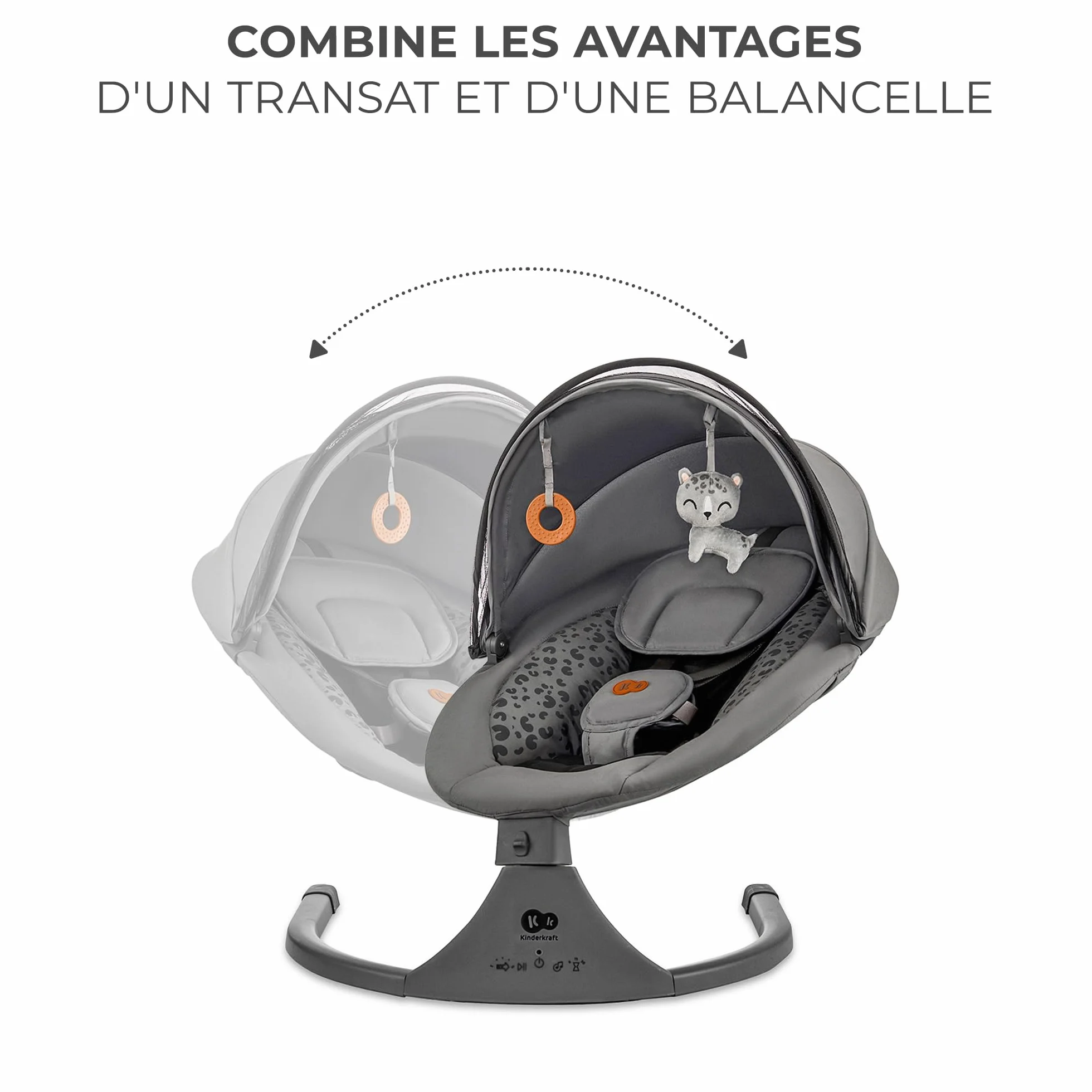Kinderkraft LUMI 2 Transat bébé Balancelle électrique Naissance à 9 Mois Réglable hauteur 5 modes balancement 12 mélodies Arche jouets Gris foncé