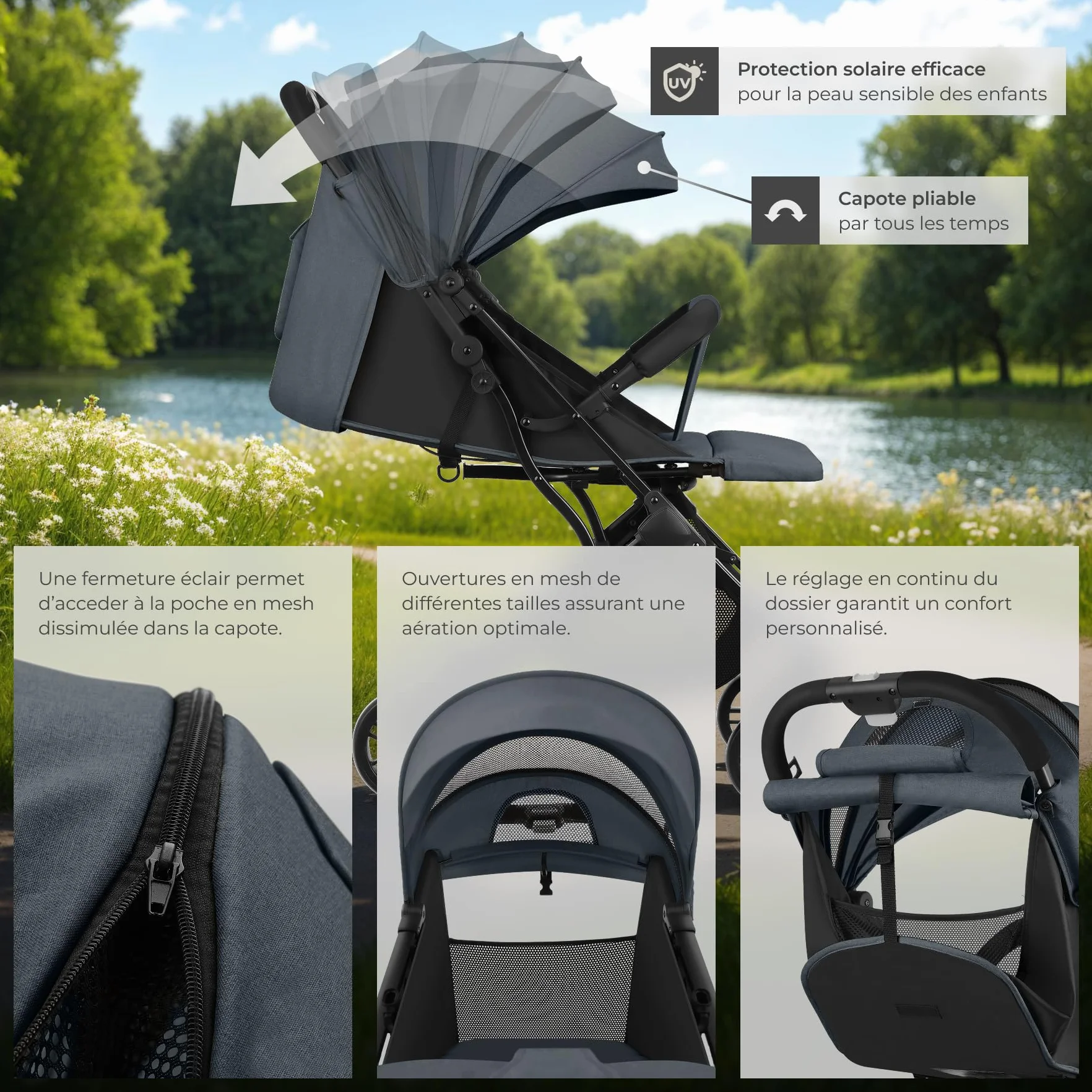 Tectake Poussette compacte pliable 0-36 mois avec panier rangement harnais 5 points légère voyage bébé