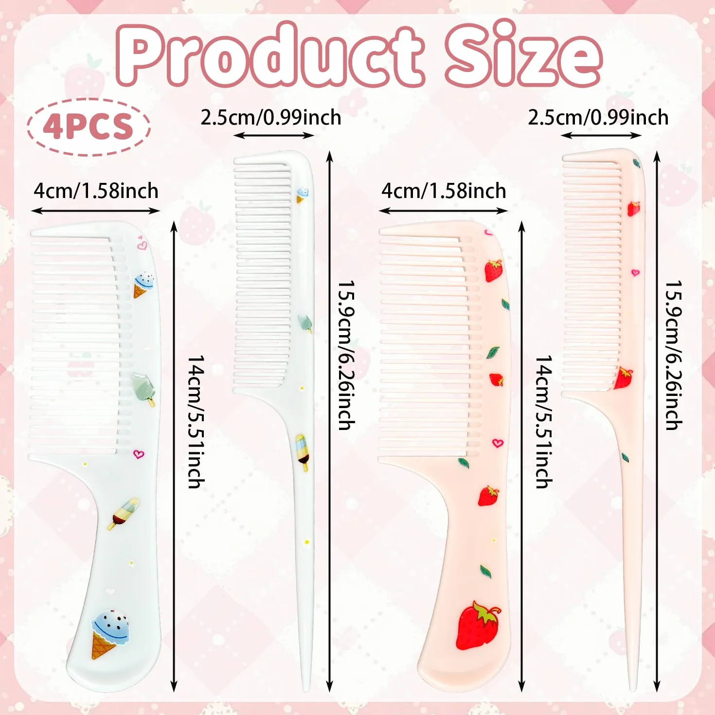 Lot de 4 peignes à cheveux mignons pour bébé en fraise & glace, miniatures, dents fines & queue de rat