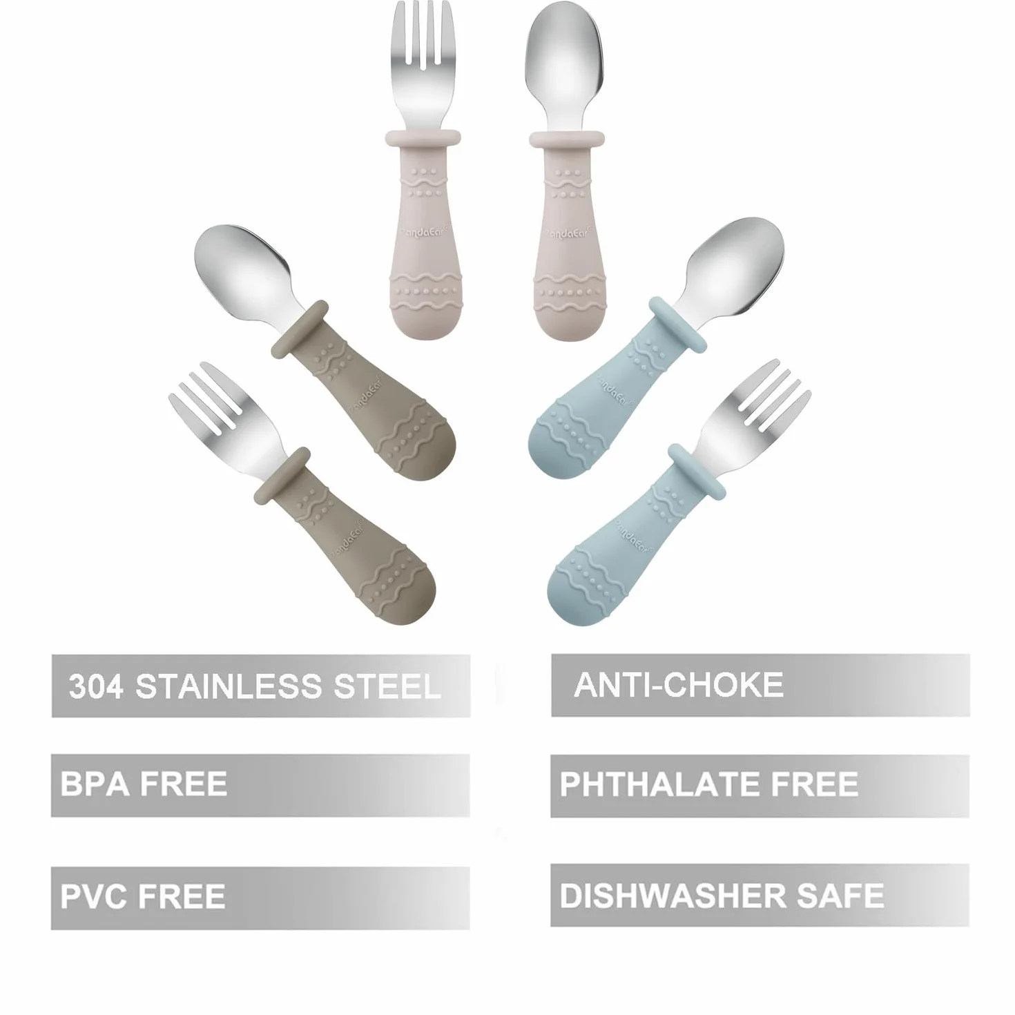 PandaEar Ensemble de Couverts Bébé Acier Inoxydable 18/8 Silicone Alimentaire Lot 6 Cuillères Fourchettes Enfants