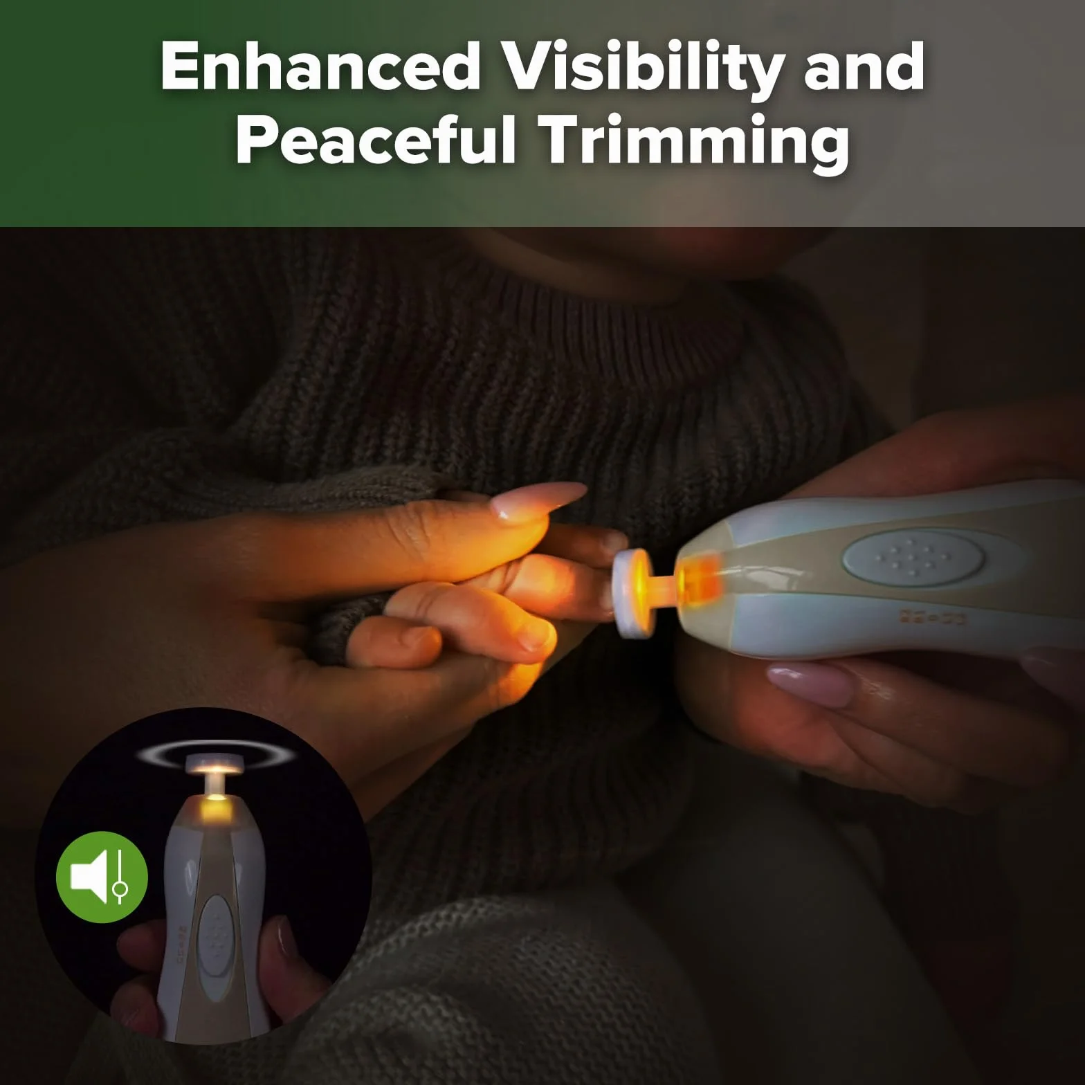 Haakaa Coupe-ongles Électrique pour Bébés, Kit Lime à Ongles avec 6 Têtes et Lumière LED, Kaki