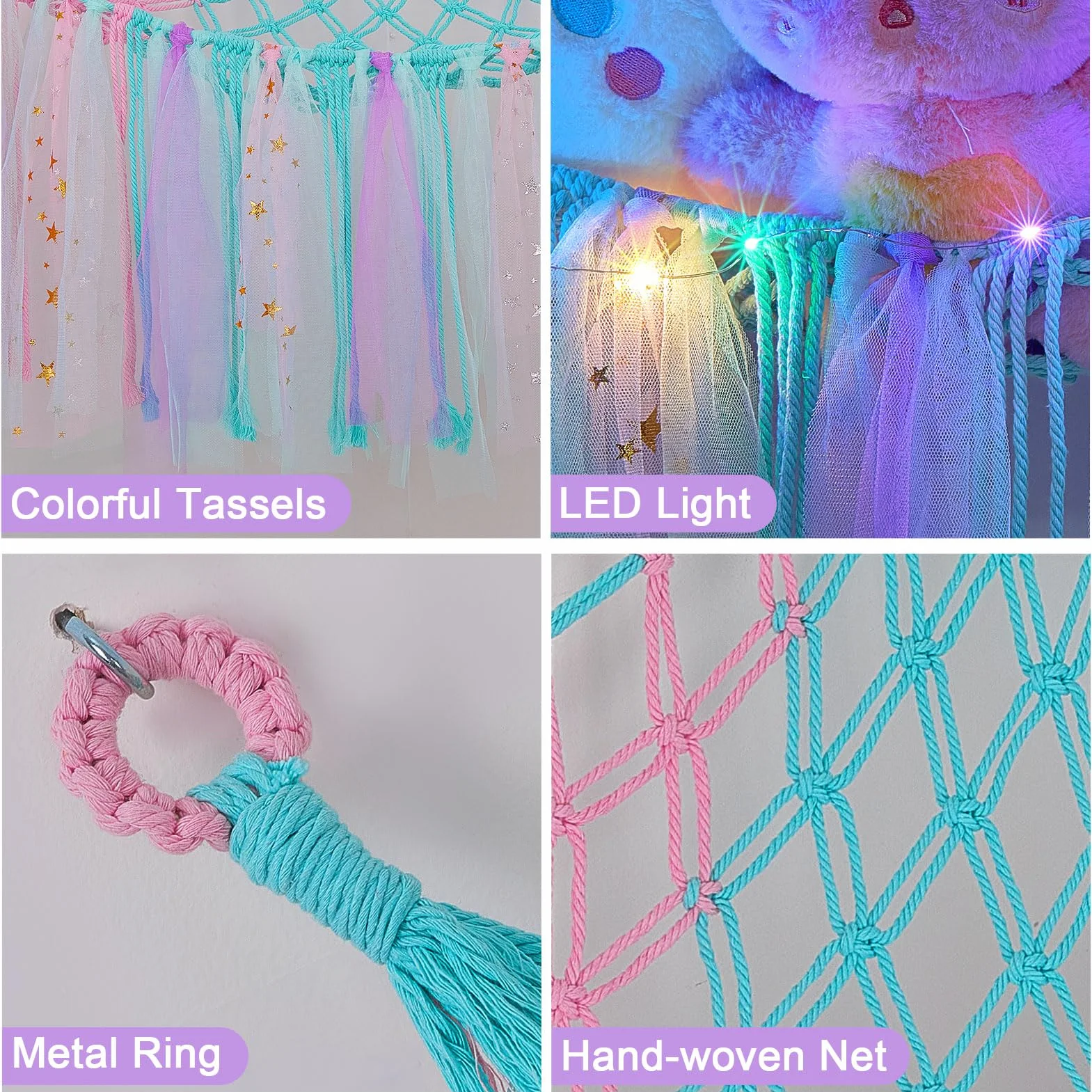 Hamac pour jouets en peluche - Filet de rangement suspendu avec lumière LED - Organiseur en macramé tissé à la main