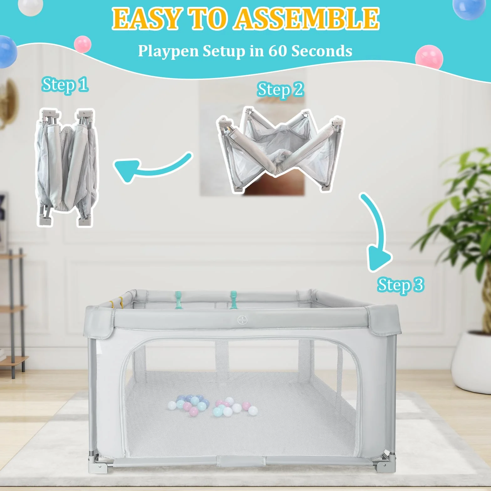Parc Bebe Pliable 127x127cm Baby Playpen avec Sac de Voyage, 20 Boules Océaniques et 4 Poignées