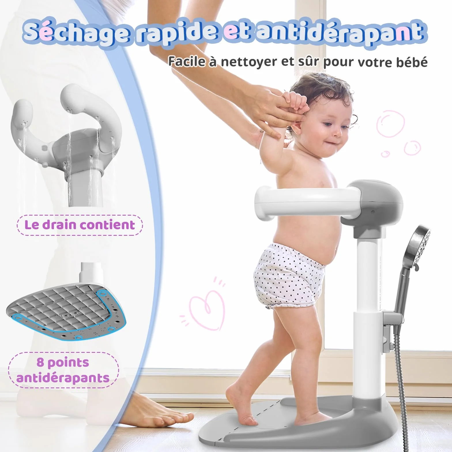 COOSEYA® Baignoire bébé avec support de douche réglable anti-pincement pour bébé debout