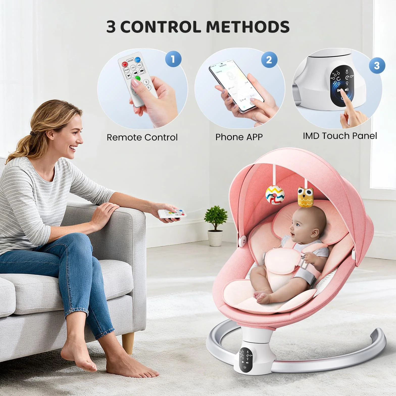 Transat Bébé Électrique avec APP & Télécommande, 3 Minuteries, 5 Vitesses, 10 Musiques, Bluetooth
