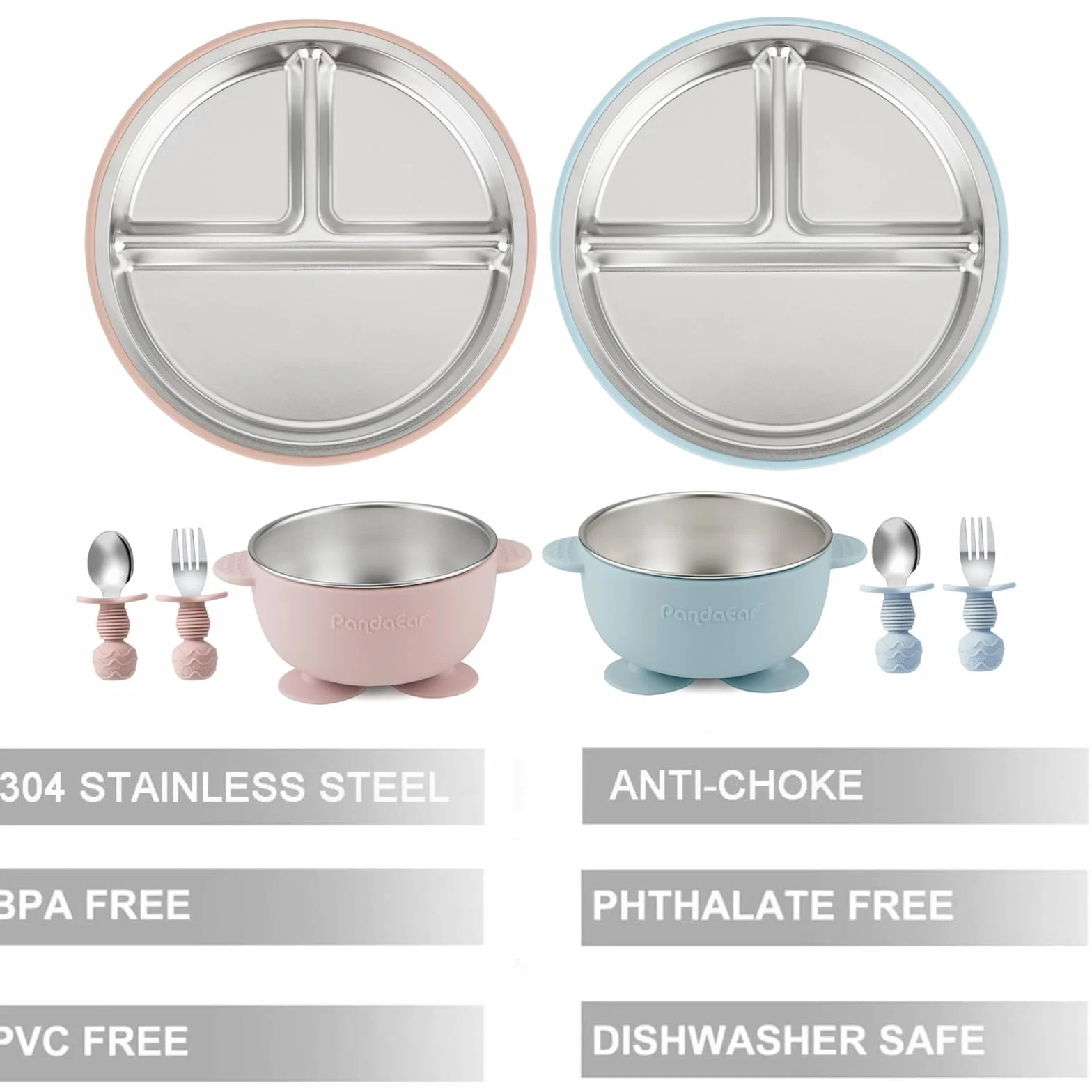 PandaEar Assiettes et Bols à Ventouse en Acier Inoxydable pour Bébé, Lot de 8 avec Cuillère et Fourchette en Silicone, DME (Rose & Bleu)