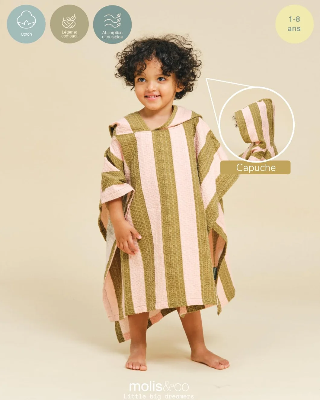 Poncho de Bain pour Enfants Serviette de Plage à Capuche KHAKI & ROSE STRIPES
