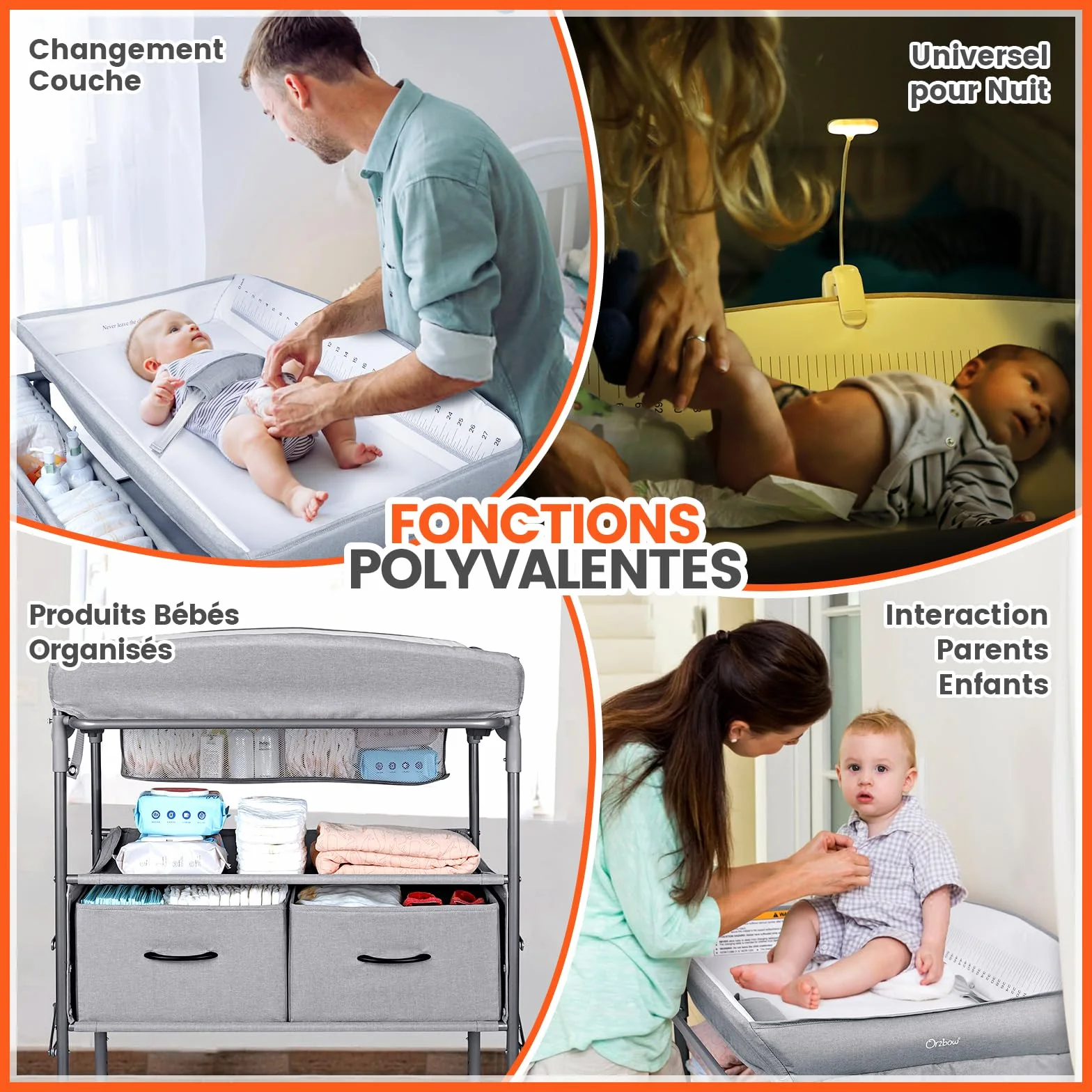 Table à Langer Bébé Pliable avec Tiroir et Veilleuse, Hauteur Réglable, Gris