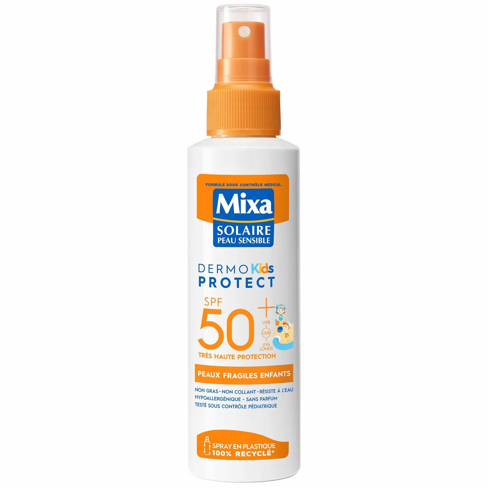 Mixa Solaire Spray Très Haute Protection SPF50+ UVA UVB Peaux Fragiles Enfants Résistant à l'Eau Anti-sable Hypoallergénique Sans Parfum 150ml