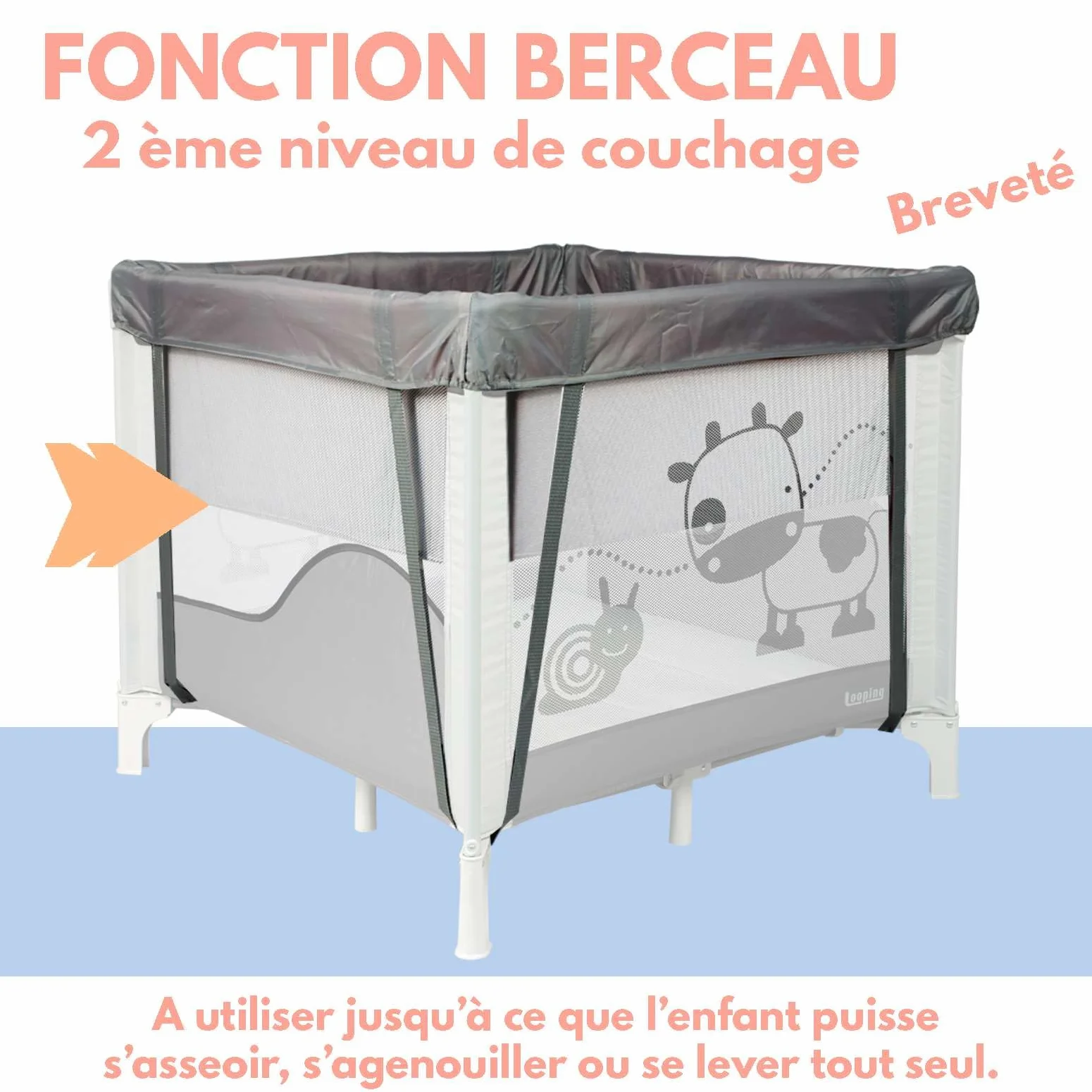 Looping Parc Bébé Pliable 90 x 90 cm Black Emotion avec Réhausseur Réglable 2 Niveaux, Sac de Transport Inclus, jusqu'à 15kg