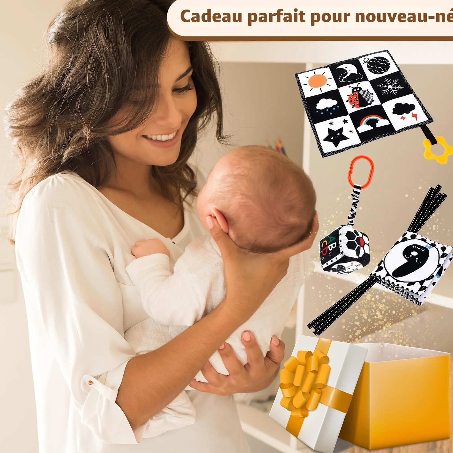 Collazoey Livres D'éveil Sensoriel Bébé Noir et Blanc Montessori 0-12 Mois Double Face en Tissu