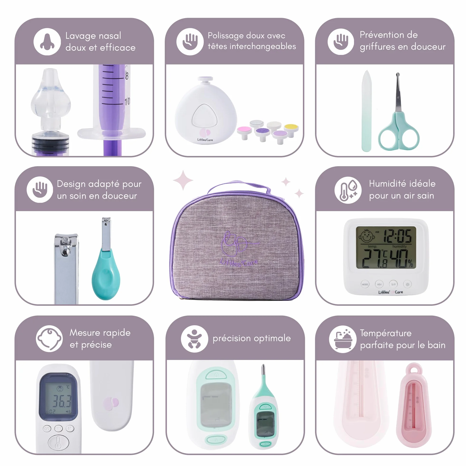 Trousse de toilette soin bébé thermomètre frontal mouche bébé seringue nasale coffret naissance complet