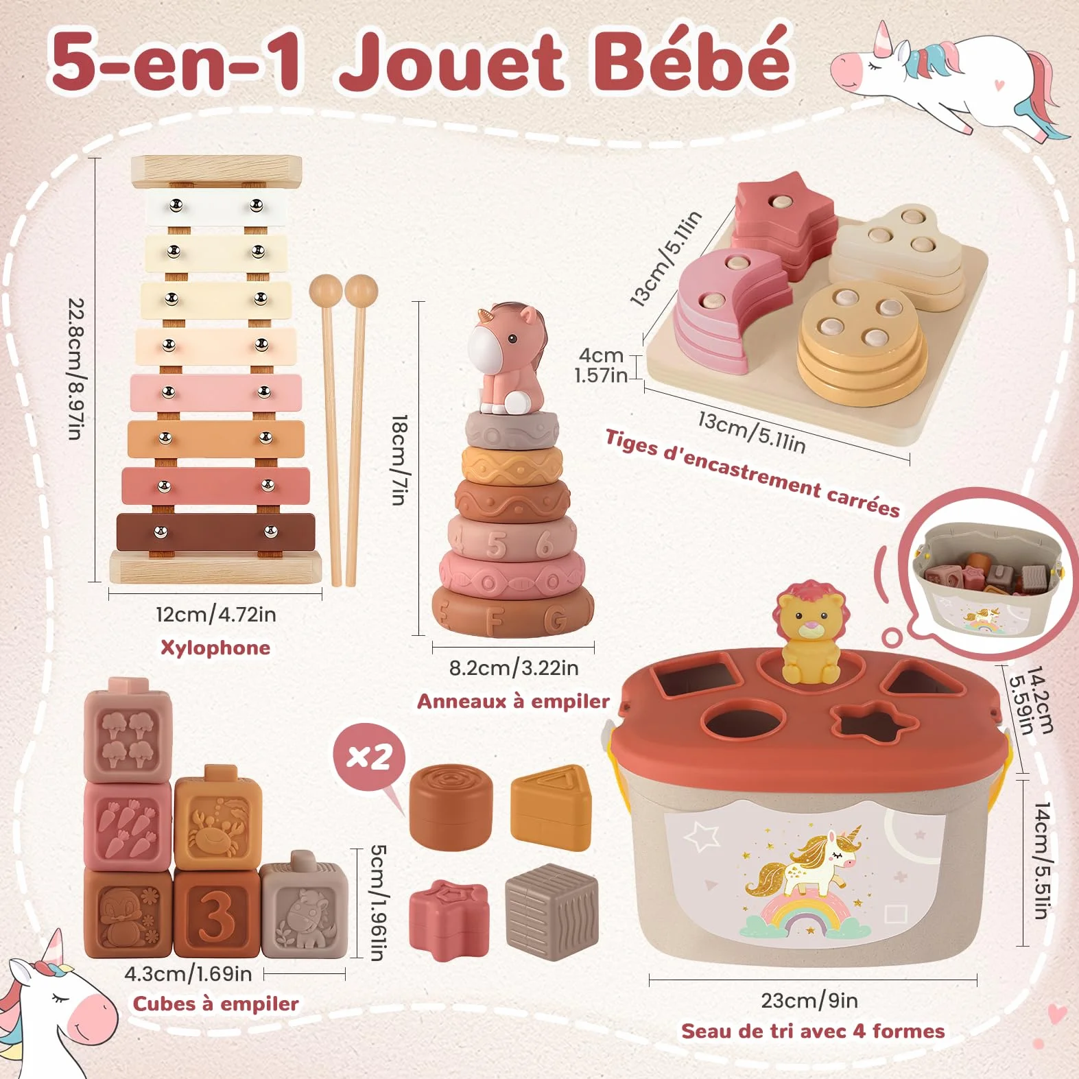 Jouet Montessori Bébé 6-12 Mois 5-en-1 Xylophone en Bois Cubes à Empiler Trieur de Formes Jouet Sensoriel Éducatif