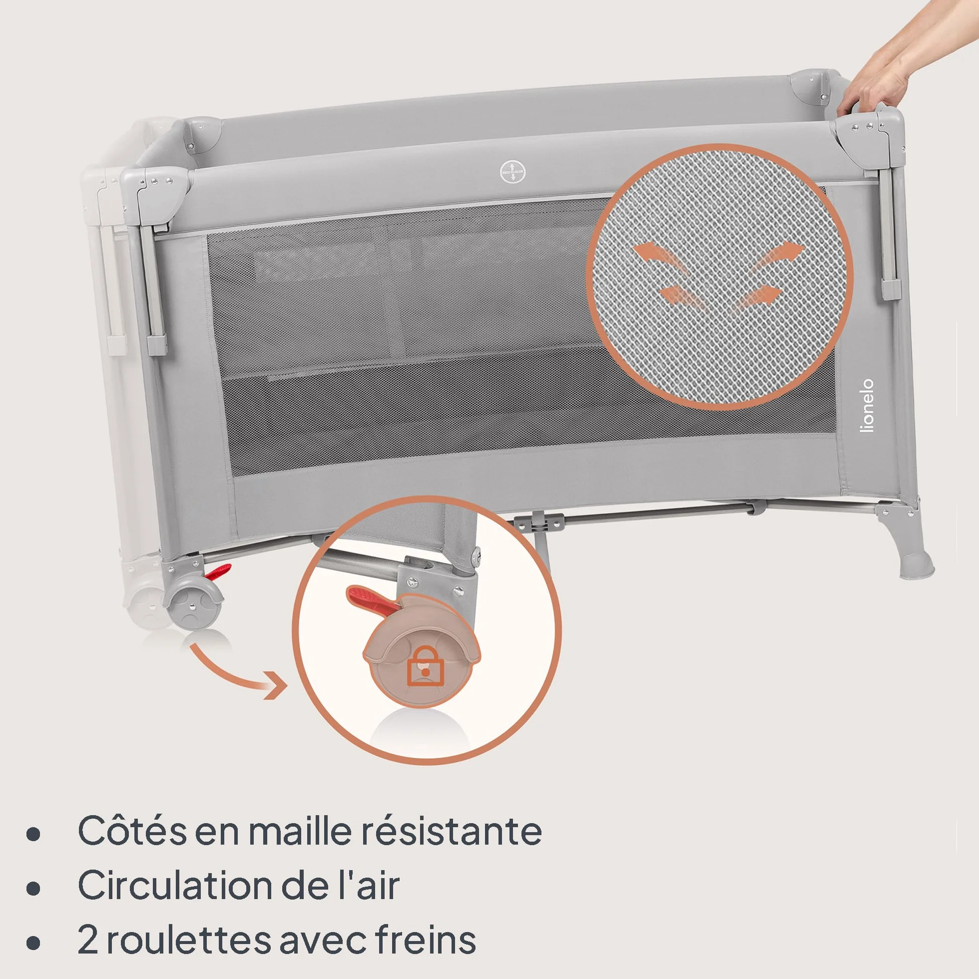 LIONELO ELLEN Lit de Voyage 3 en 1 Cododo 0-3 Ans 15 kg 2 Hauteurs Matelas Gris
