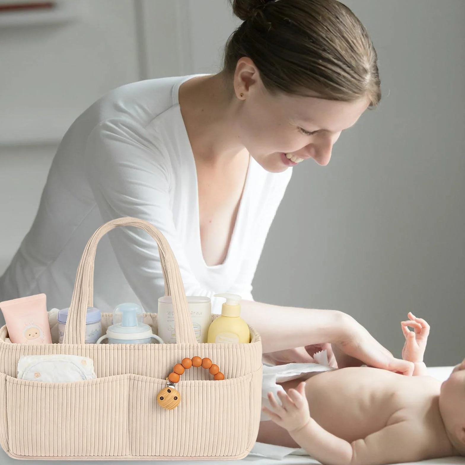 GBKDQQ Organiseur de sac à langer bébé multifonction portable compartiments amovibles peluche beige