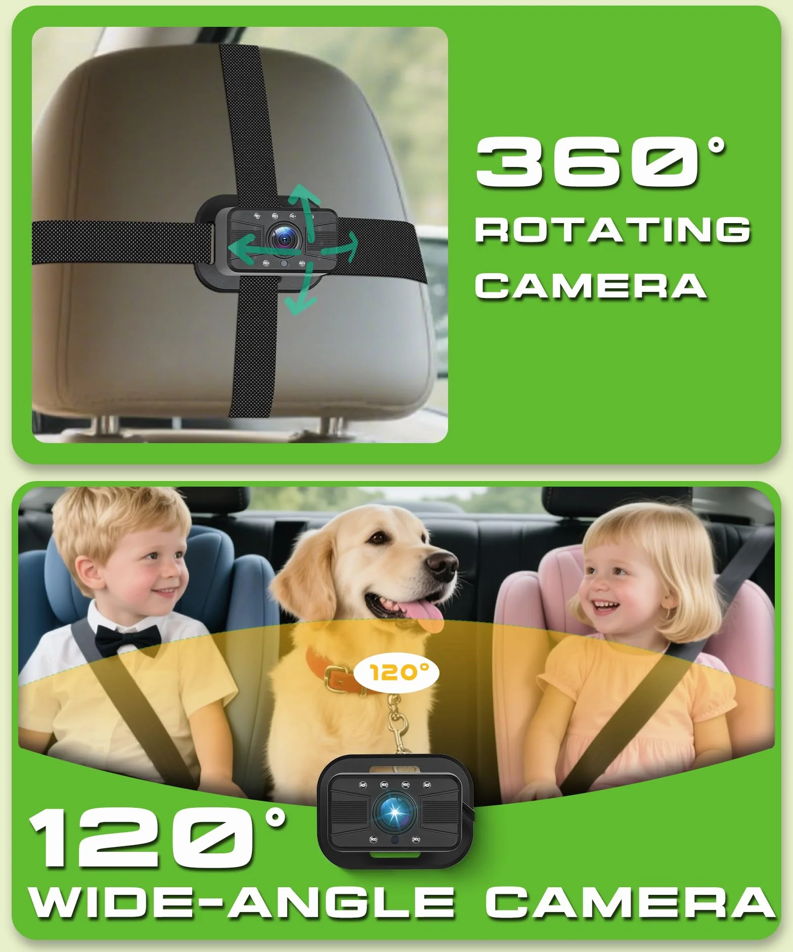 VECHTEL Camera Voiture bébé 2 enfants écran partagé 6,86 pouces HD 720P vision nocturne rotative 360° support ventouse