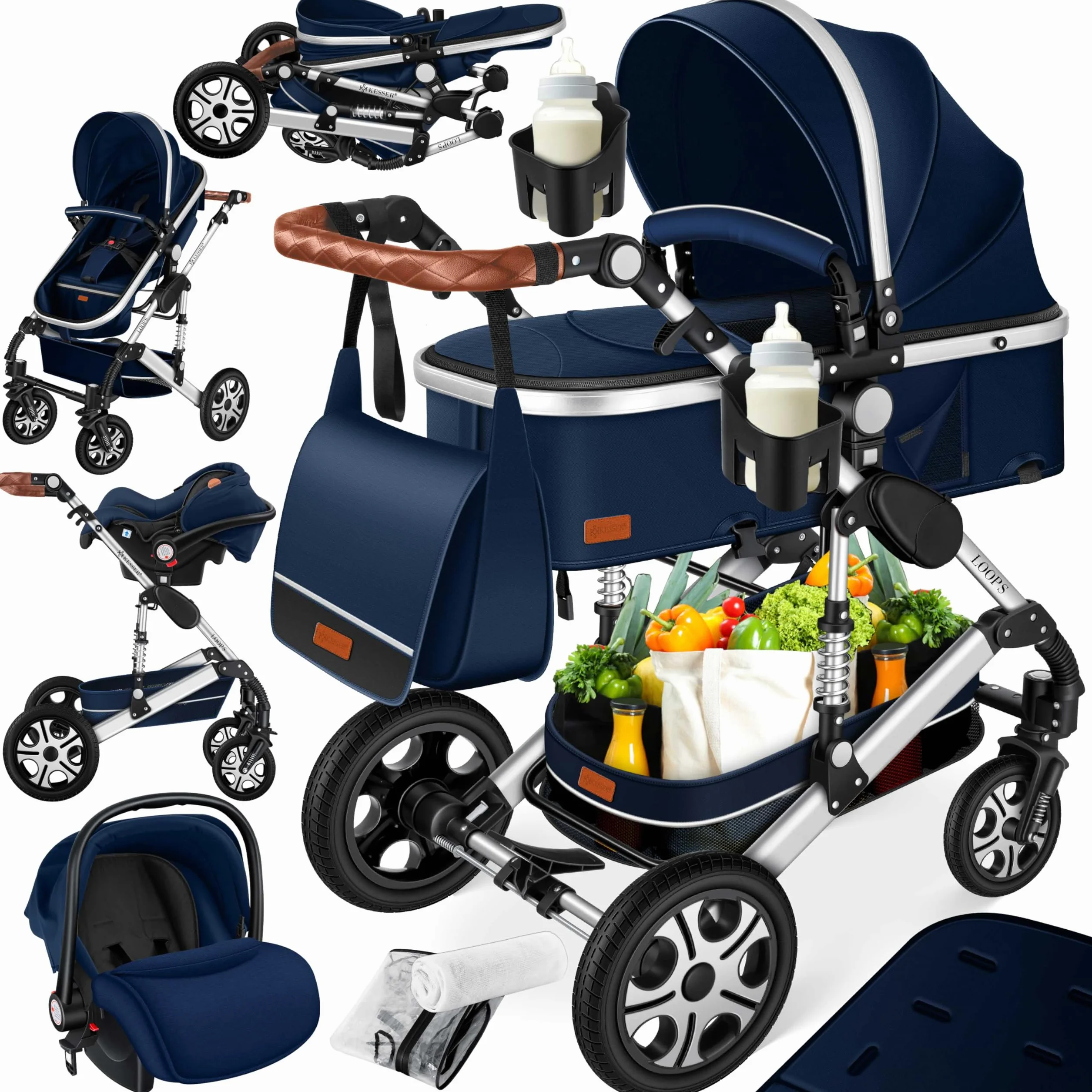 KESSER Ensemble poussette combinée 4 en 1 nacelle siège pneus caoutchouc plein ECE R129 Bleu Argent