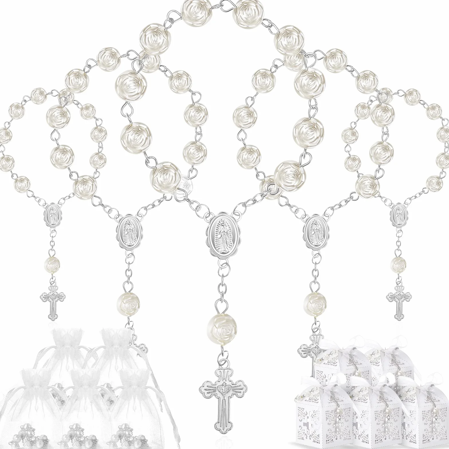 50 Paquets 150 Pièces Cadeau Bapteme Communion Mariage 50 Mini Chapelet Catholique Sacs Organza Boîte Dragées