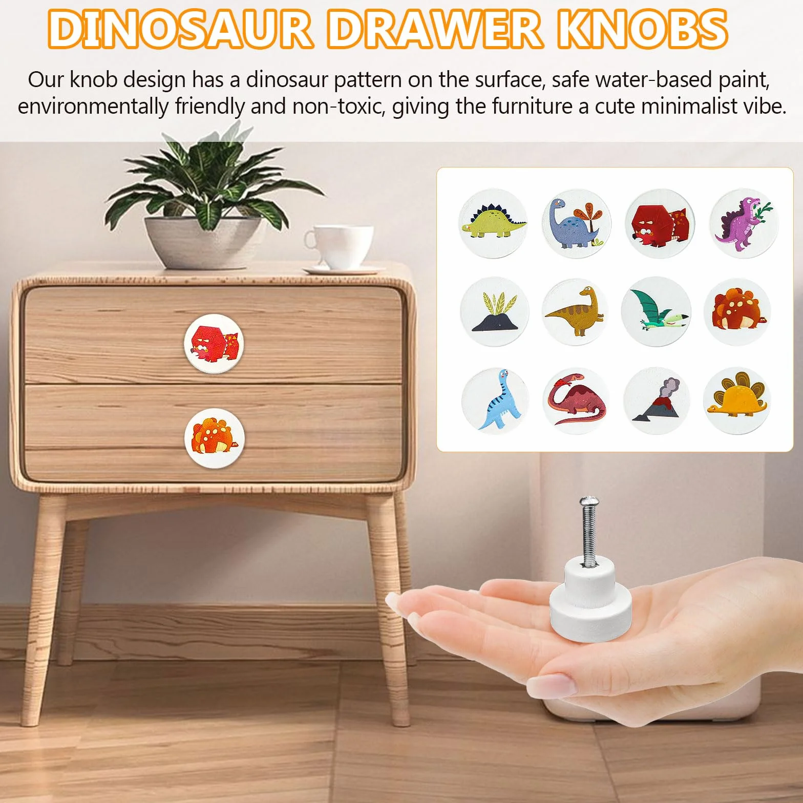 Bouton Tiroir Bois Rond 30 mm Dinosaures Blanc Placards Chambre Enfant 12 Pièces
