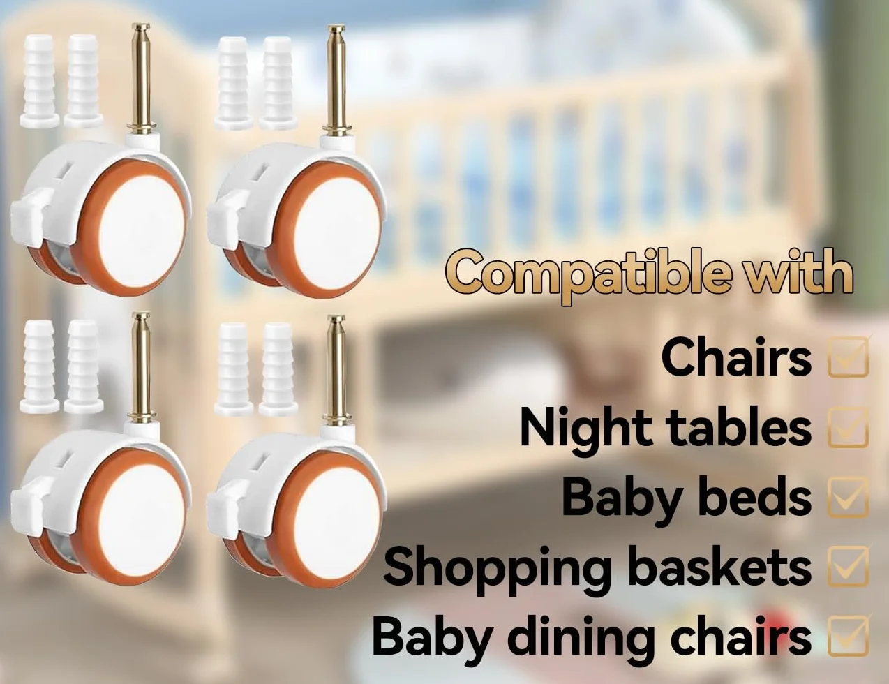 Roulettes de direction pour meubles enfants, roulettes lit bébé, 4 pièces avec manchon, blanc