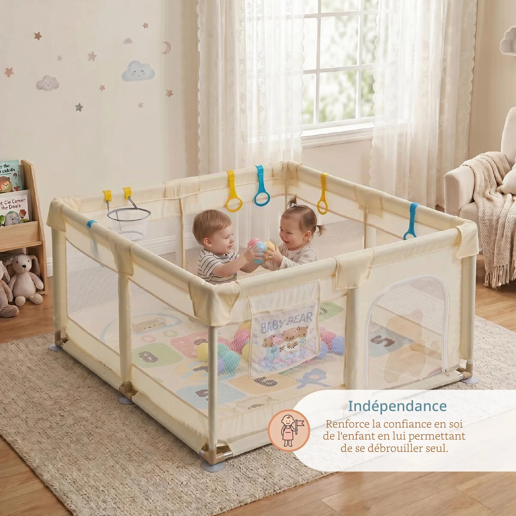 Buddy Baby Park Parc Enfant Bébé 120x120cm Pliable avec Maille Respirante Porte Latérale Vanille