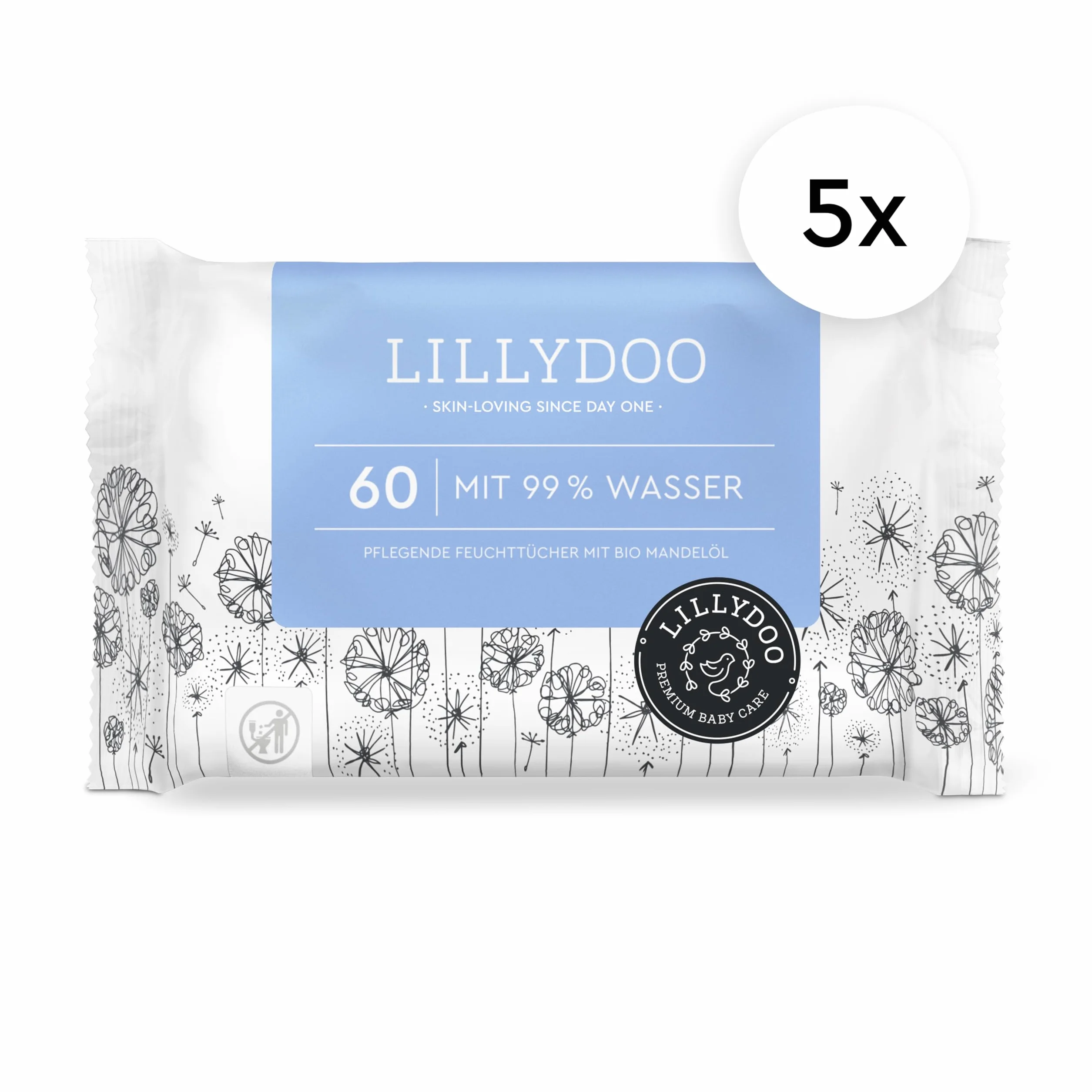 Lingettes LILLYDOO bébé 99% eau Lot 5 x 60 300 pièces sans plastique sans parfum doux coton