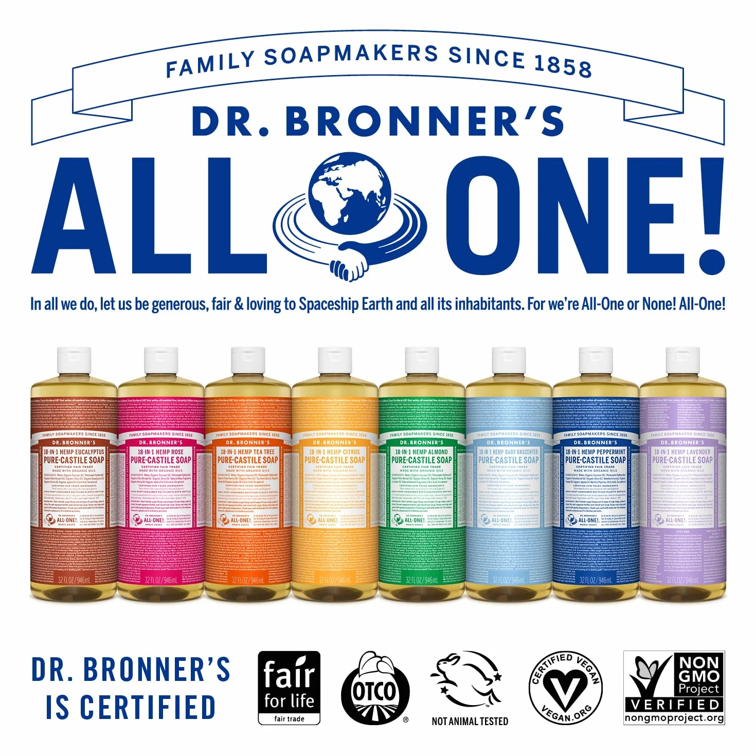 Dr. Bronner's Savon Liquide Bio Sans Parfum 945 ml 18-en-1 Multiusage Corps Visage Cheveux