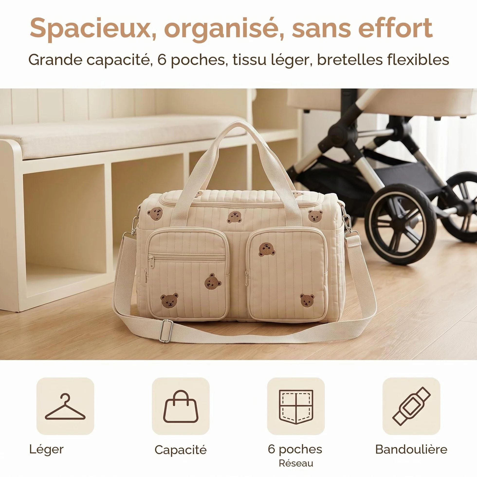 Sac à Langer Bebe Bandoulière 48x26x22cm, Sac de Maternité Multi Poches, Sac de Voyage Femme avec Ceinture Ajustable