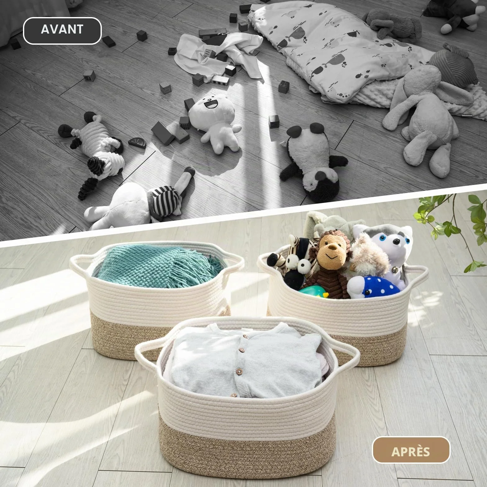 Lot de 3 paniers de rangement tissés en corde de coton 38 x 25 x 22 cm