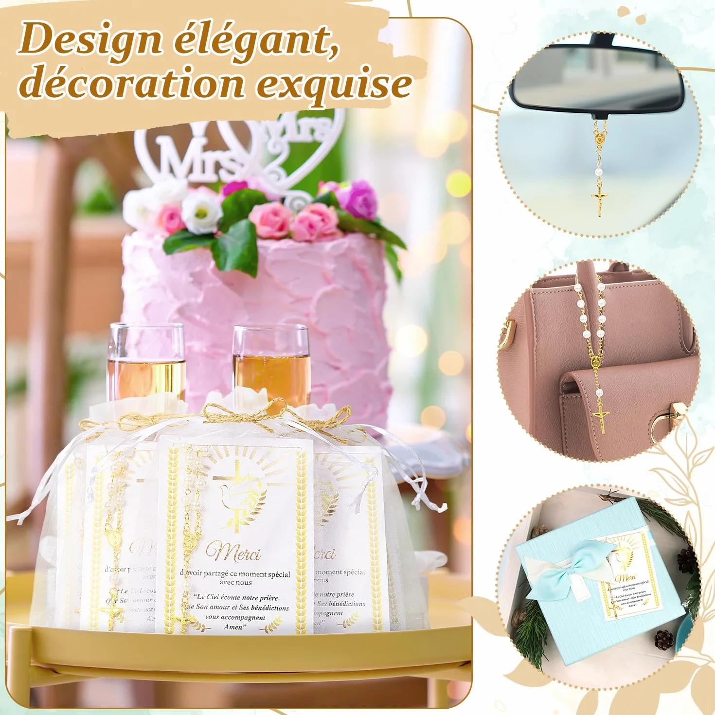 Chapelet en Acrylique Lot 12 Perles Carte Merci Sac Organza Cadeau Baptême Communion Mariage