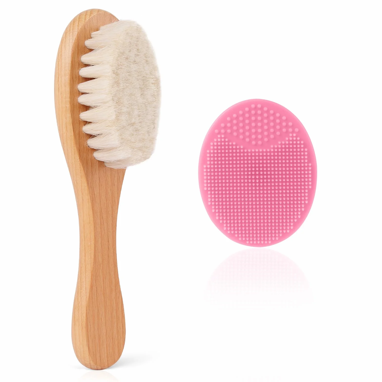 Beugo Brosse Cheveux Bébé 2 Pièce Brosse à Cheveux Poils de Chèvre Silicone Massage Nouveau-né Rose