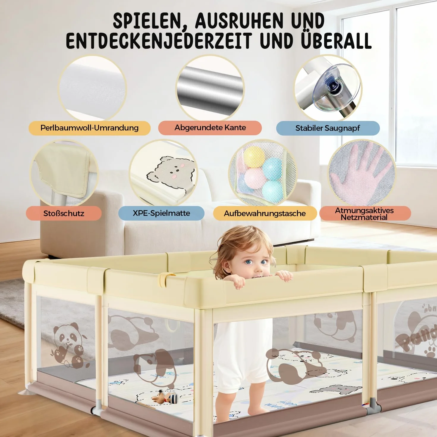 Parc Bébé 120x120 avec Tapis, 40 KG, 300D Tissu Oxford, Ventouse Base, 360° Filet Respirant, Centre d'Activités Enfants, Panda beige
