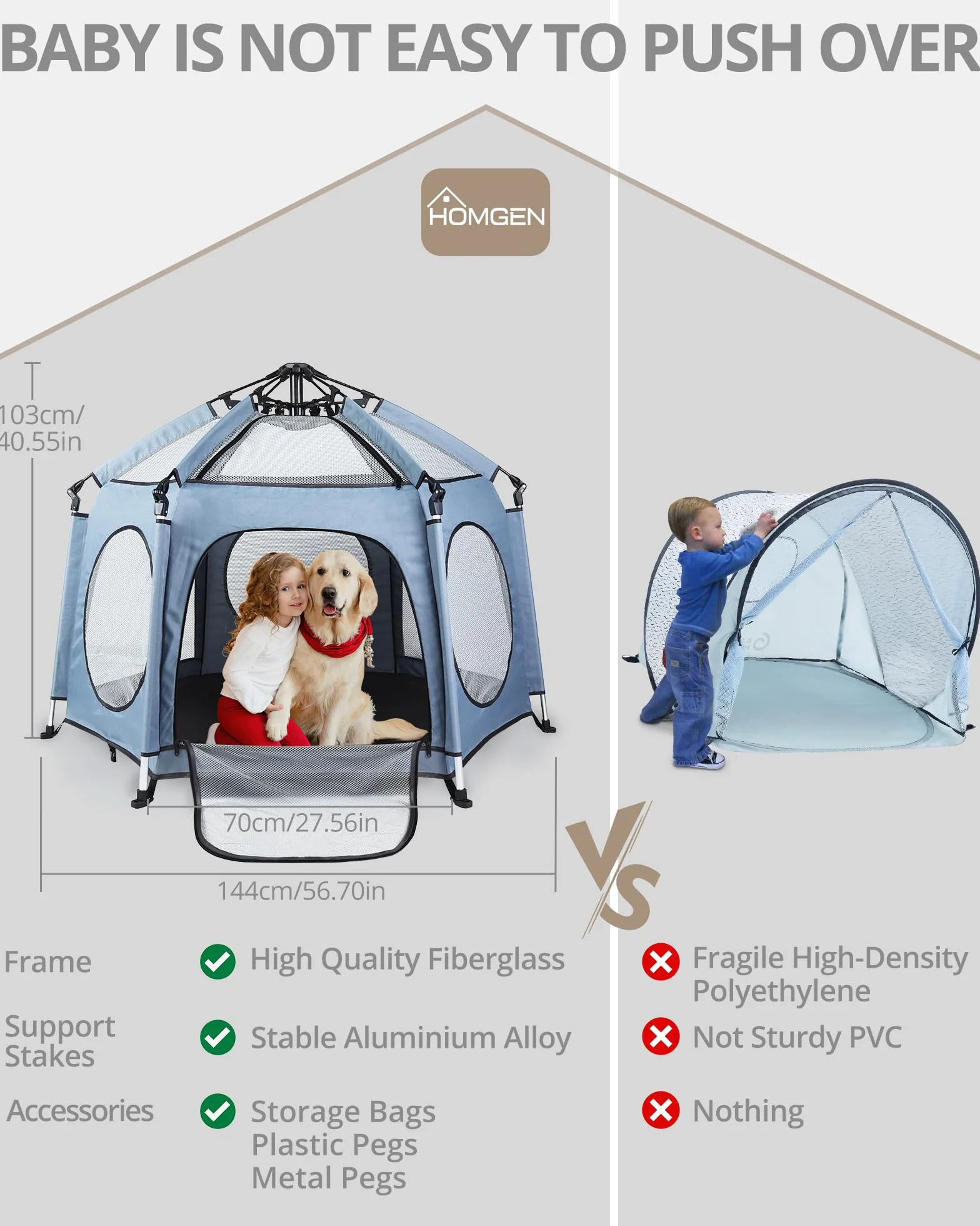 HOMGEN Parc de jeu pliable 144 x 103 cm avec 3 housses UV amovibles en tissu Oxford 450D pour bébé