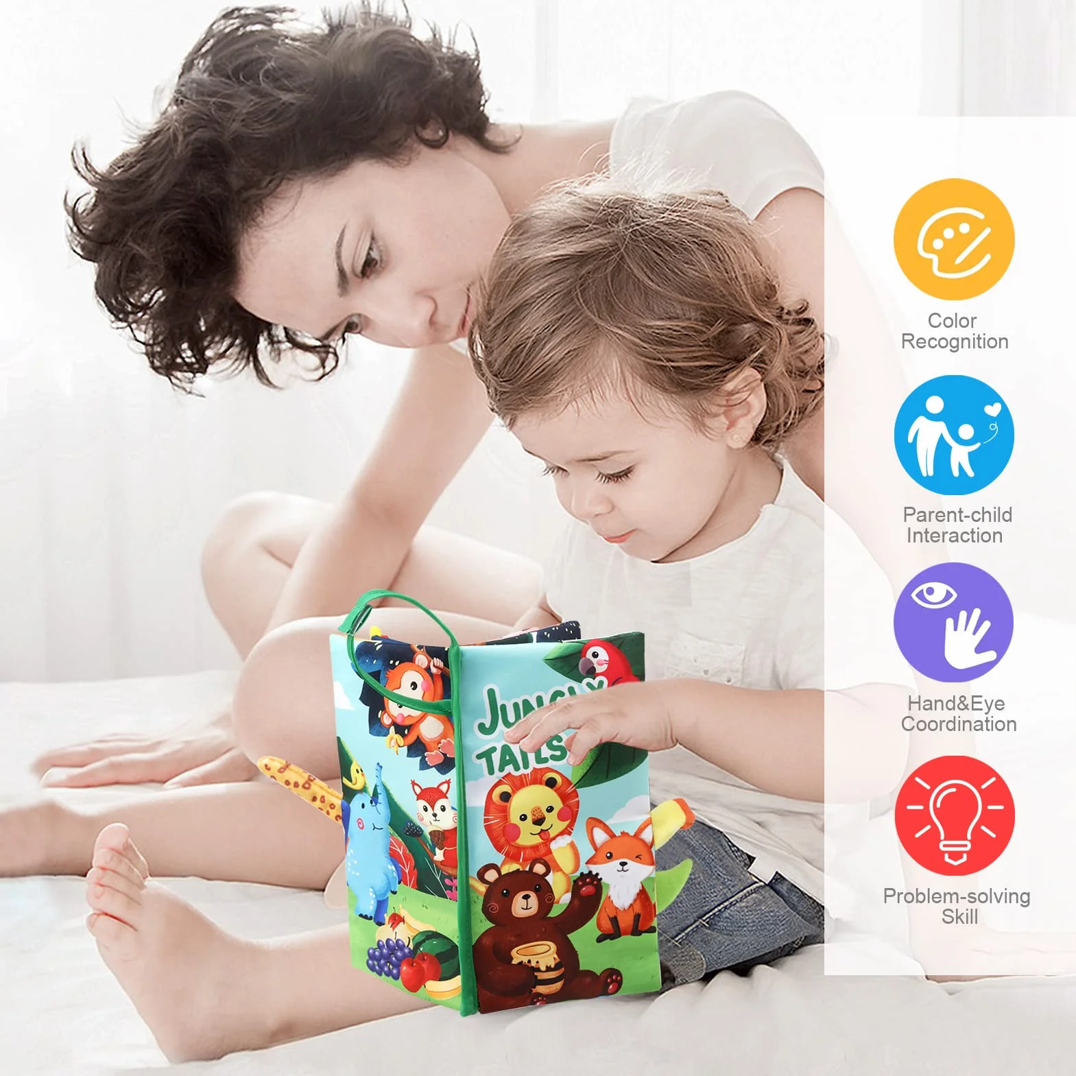 JoyPlus Jeux Montessori Bebe Eveil 0-12 Mois, Jouets Livre Tissu Sensoriels Animaux avec Miroir