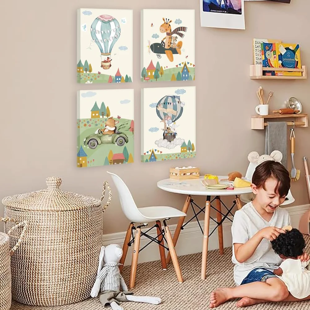 KAIRNE Lot de 4 posters animaux avec cadre 20x25 cm motifs avion montgolfière tableaux muraux chambre bébé