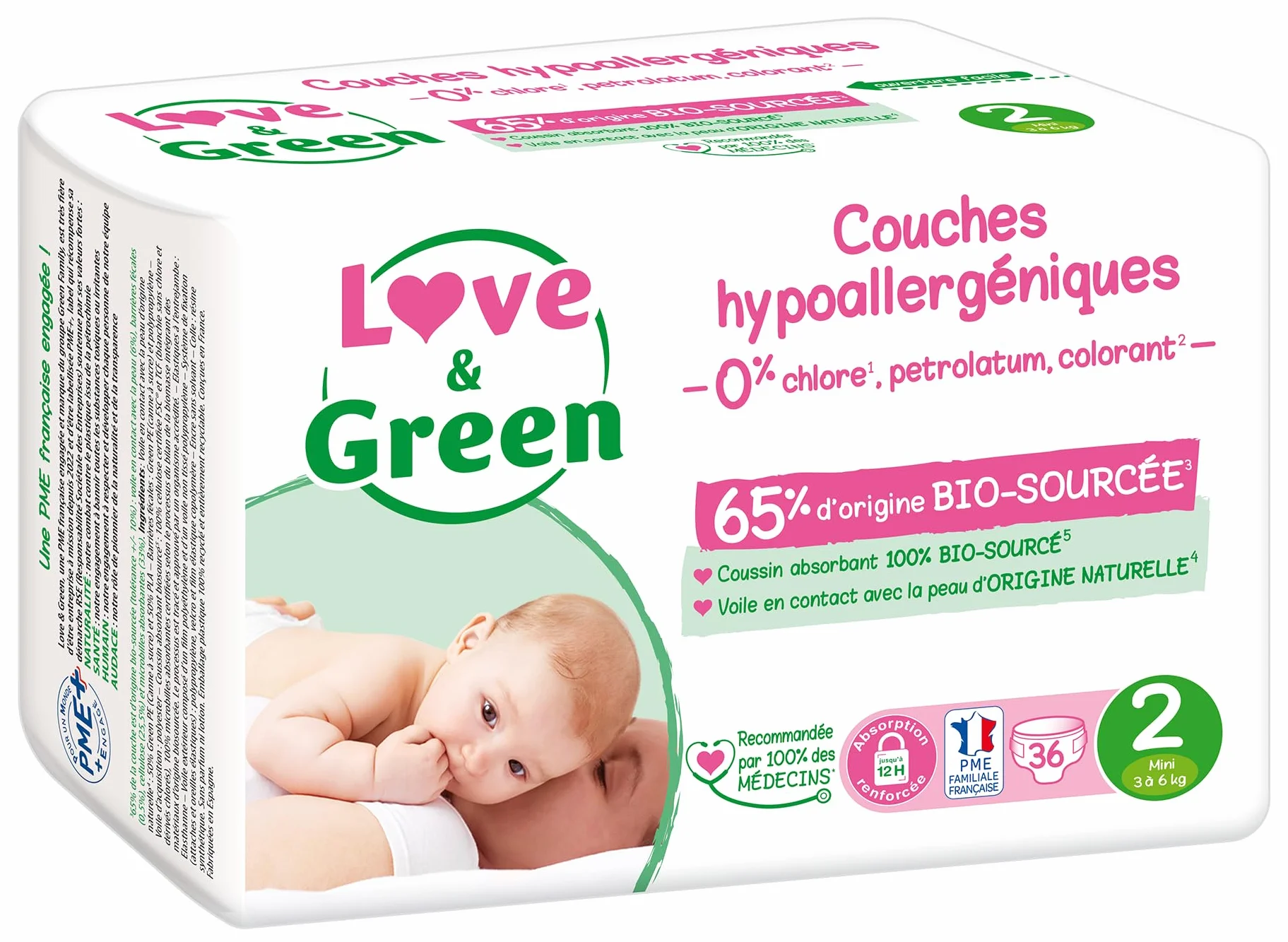 Love & Green Couches Bébé Taille 2 (3-6 kg) 36 couches Absorbante anti-fuites