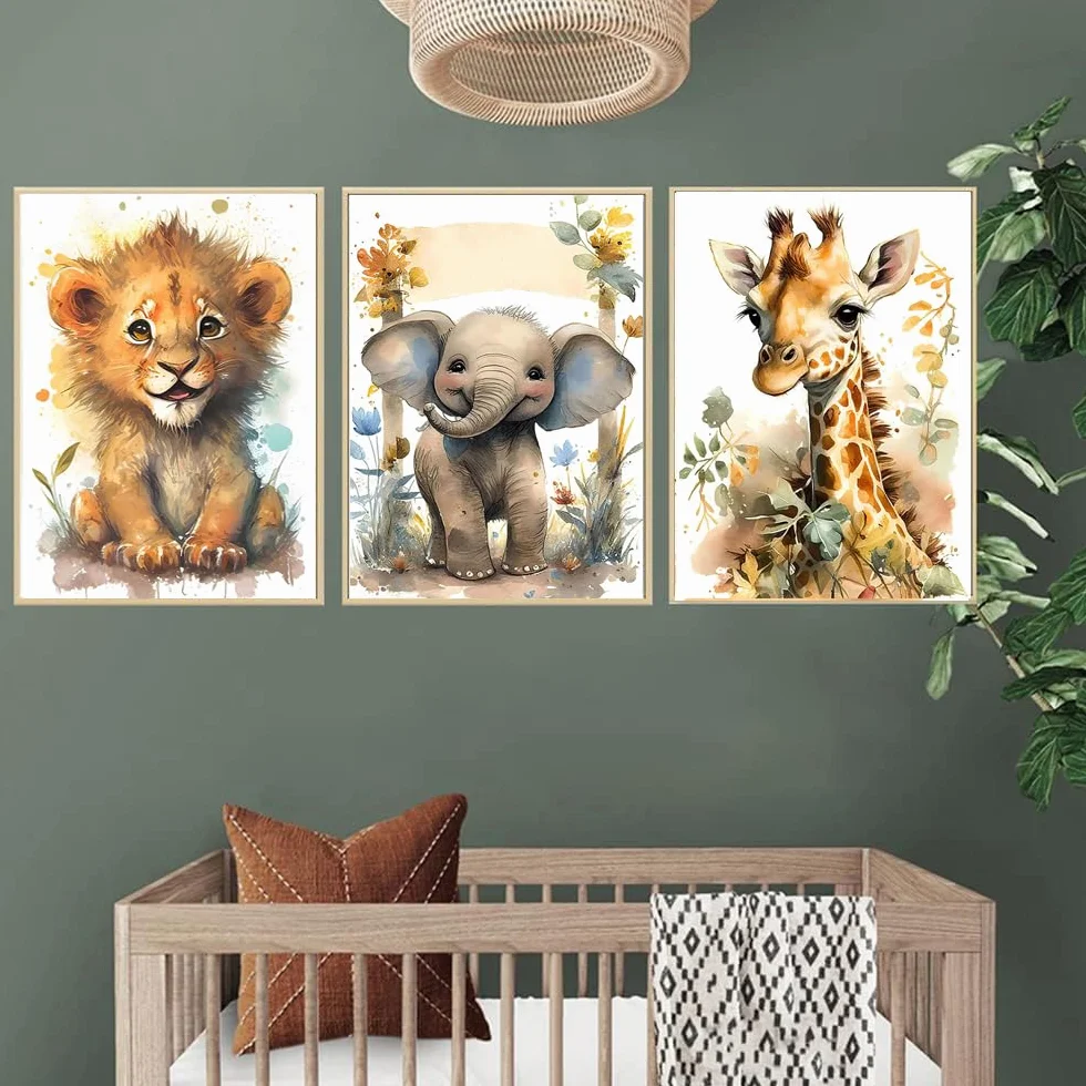Affiches Animaux Jungle Tableau Savane Bebe Garcon Decoration Chambre Enfant Lion Girafe Poster 30x40 Toile Boho sans Cadre