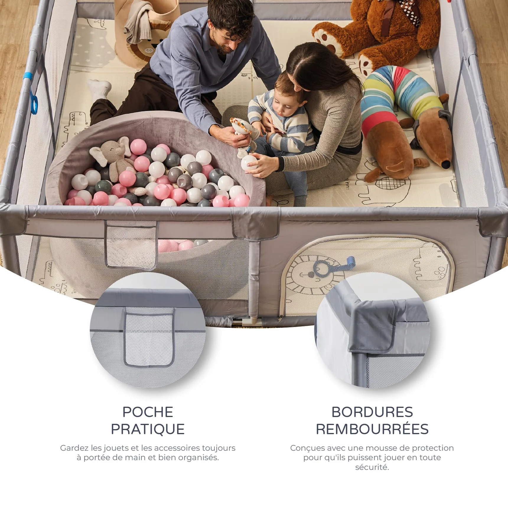 Parc pour enfant XXL en nylon 200 x 180 cm pliable avec chatières et fenêtre filet