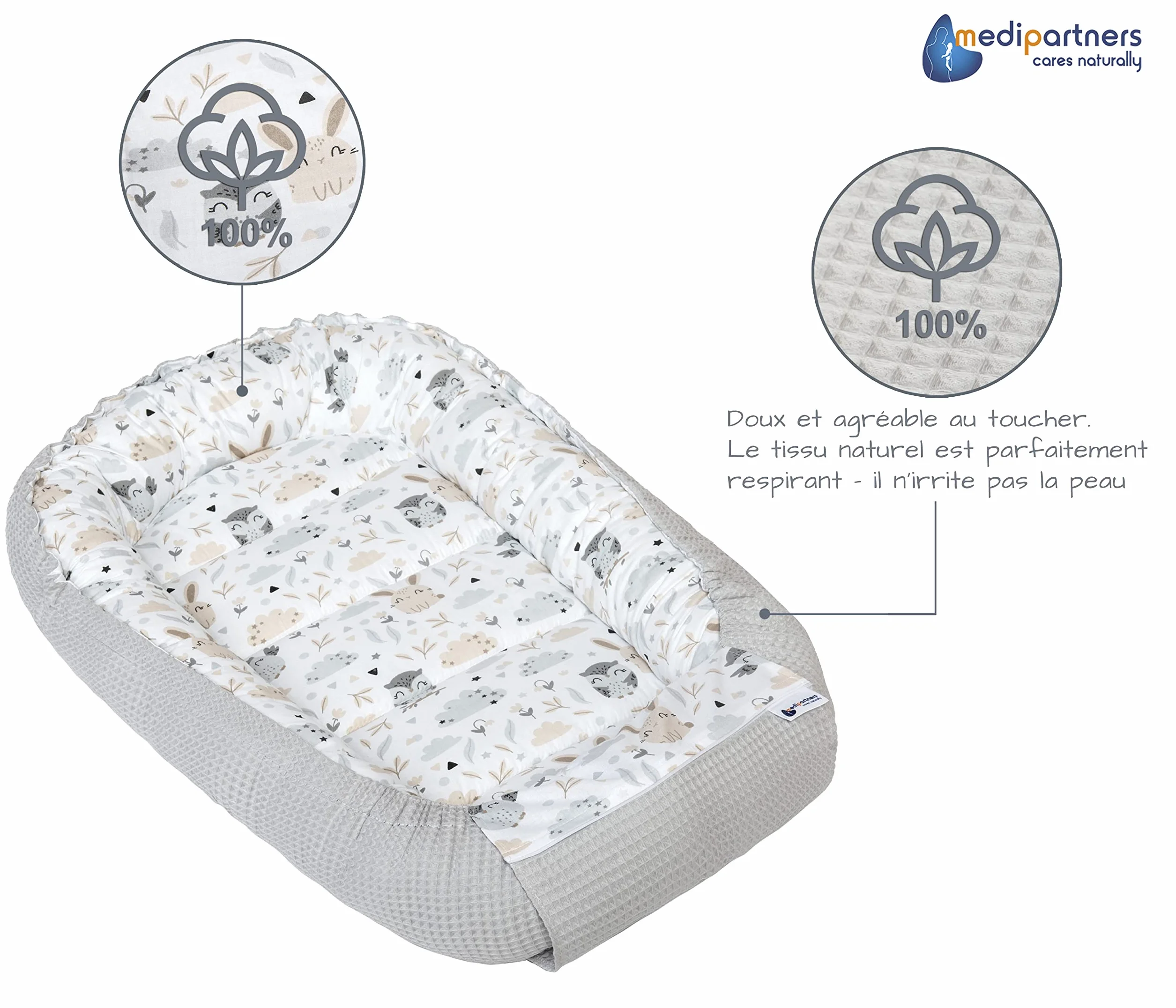 Réducteur de Lit Bébé 100x60x15cm Cocon Naissance Couffin Nid d'Ange 100% Coton Gaufre Gris