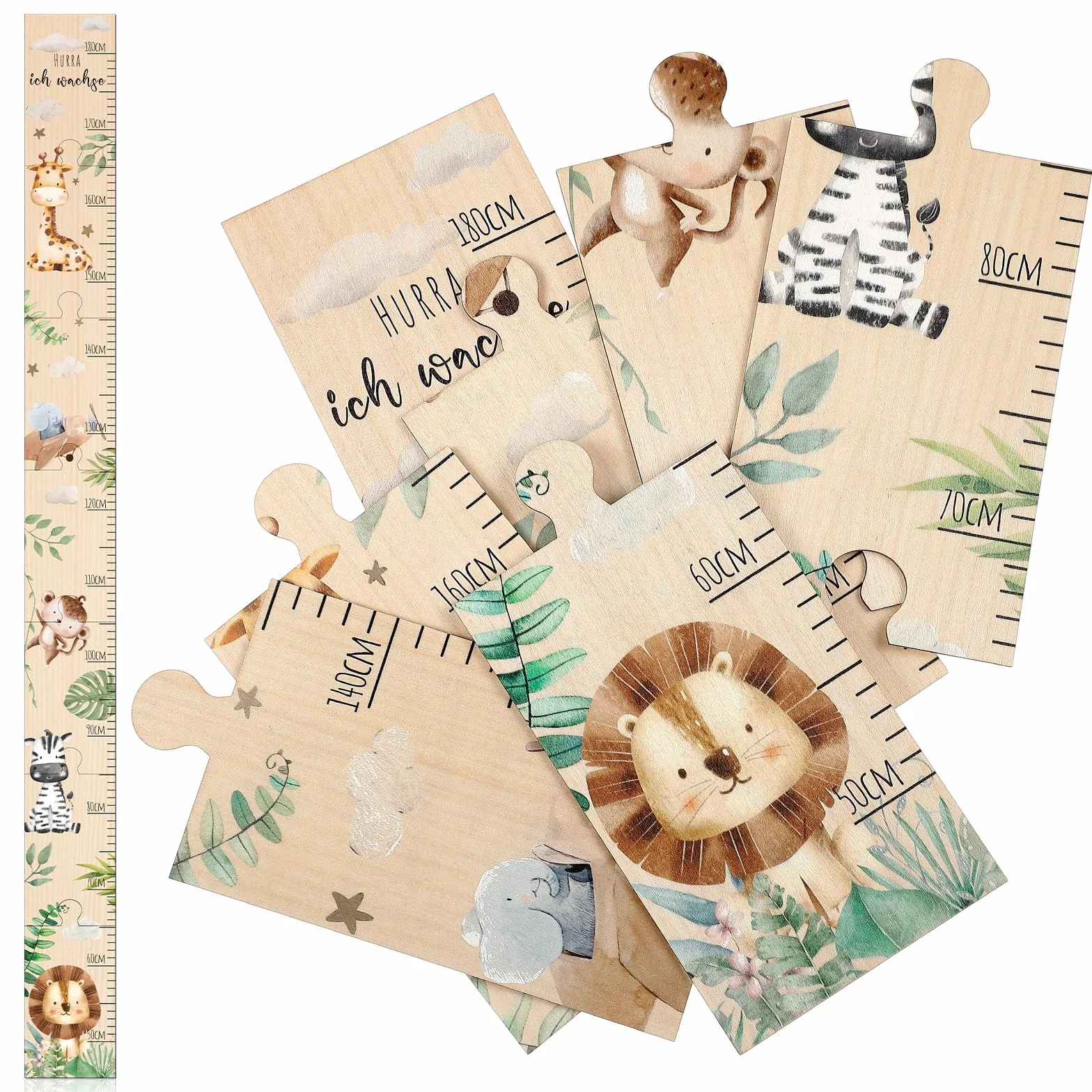 Toise Murale Enfant Bois Tableau de Mesures Bébé Cadeau Naissance Hurra Ich Wachse Décoration Chambre Animaux Forêt