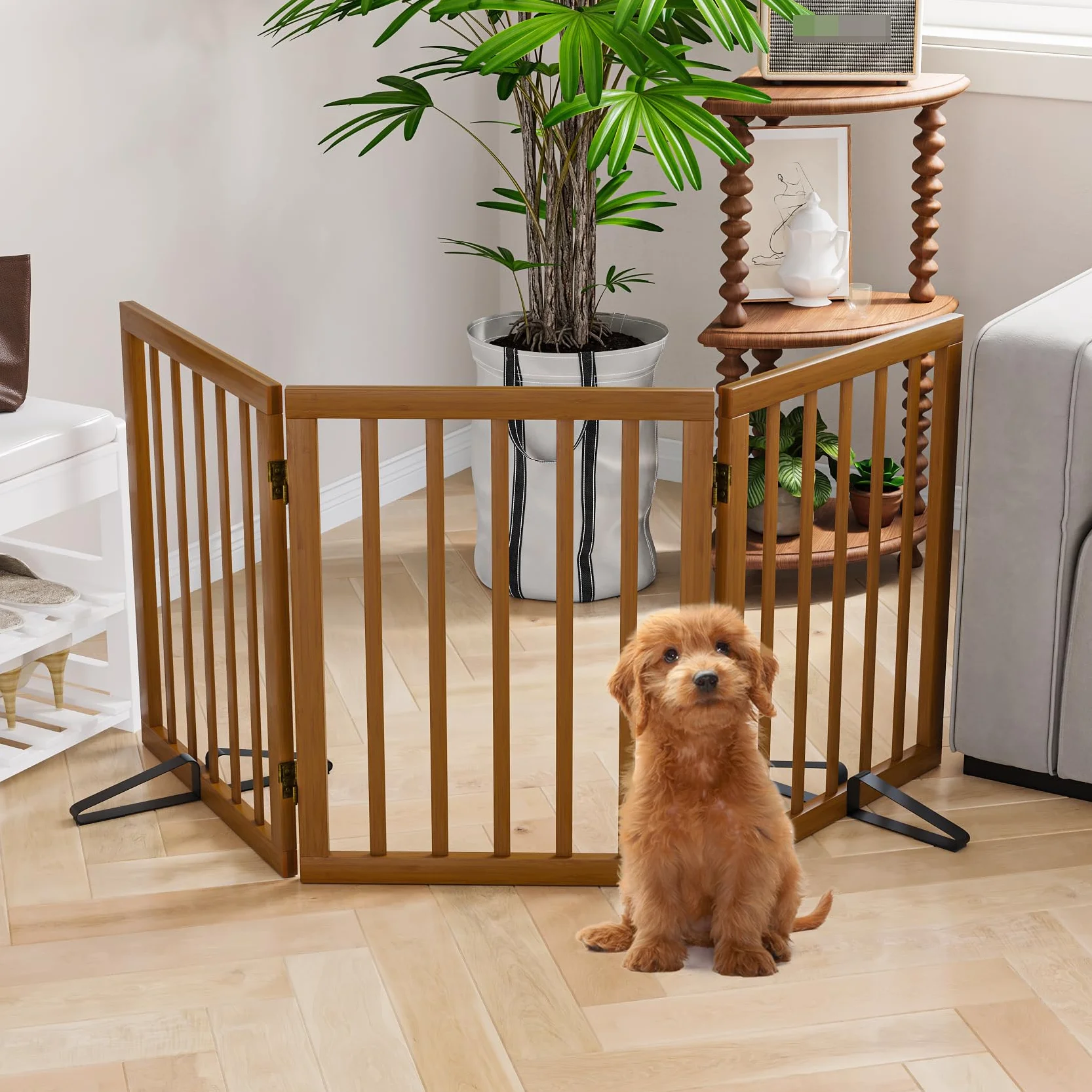 Barrière de Sécurité pour Chien 3 Panneaux sans Perçage 61cm x 140cm avec Supports Métalliques Noyer