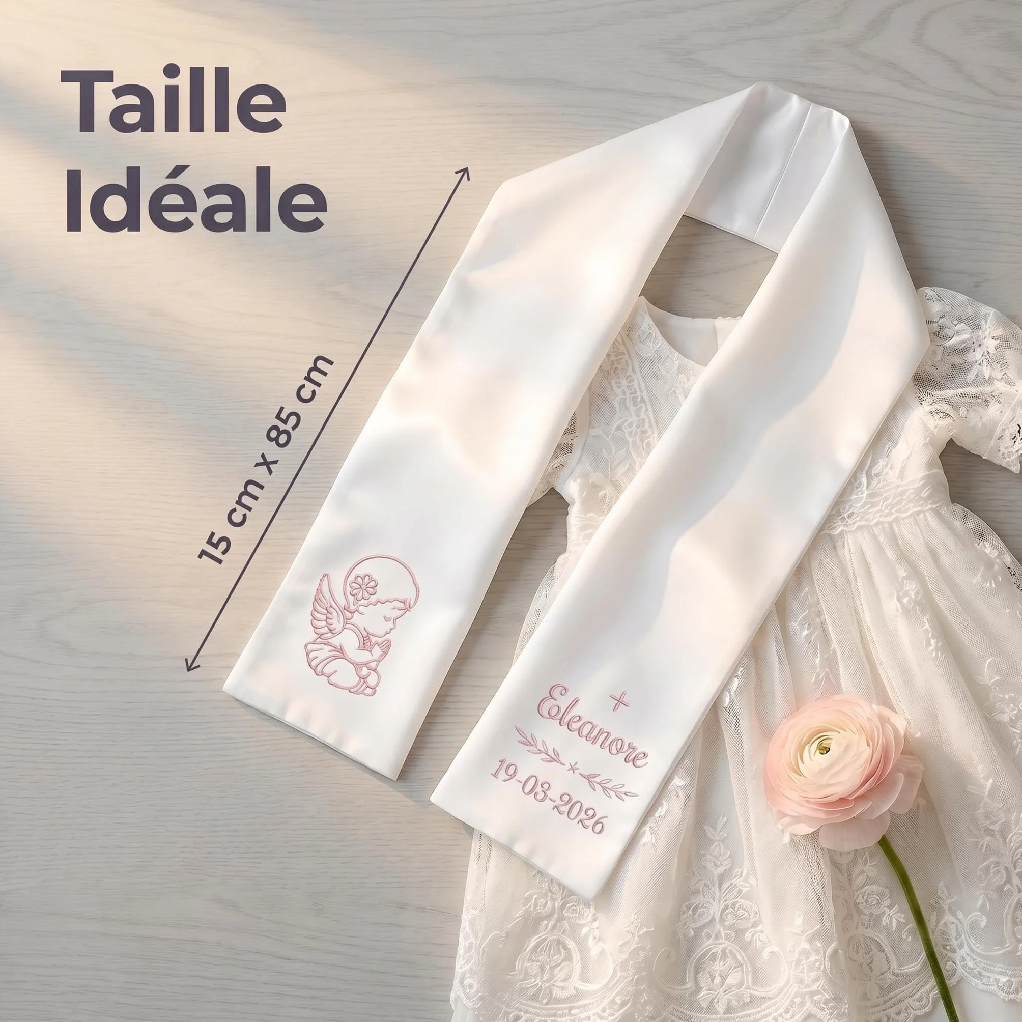 Écharpe de Baptême Personnalisée Enfant, Brodée Prénom et Date, Satin Blanc Ange ou Croix, Cadeau avec Coffret