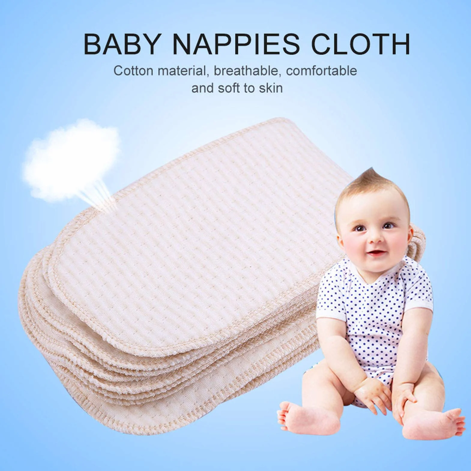 Couches Bébé Coton Doux Respirant Bonne Absorption D'eau Réutilisables Lavables 10 Pcs