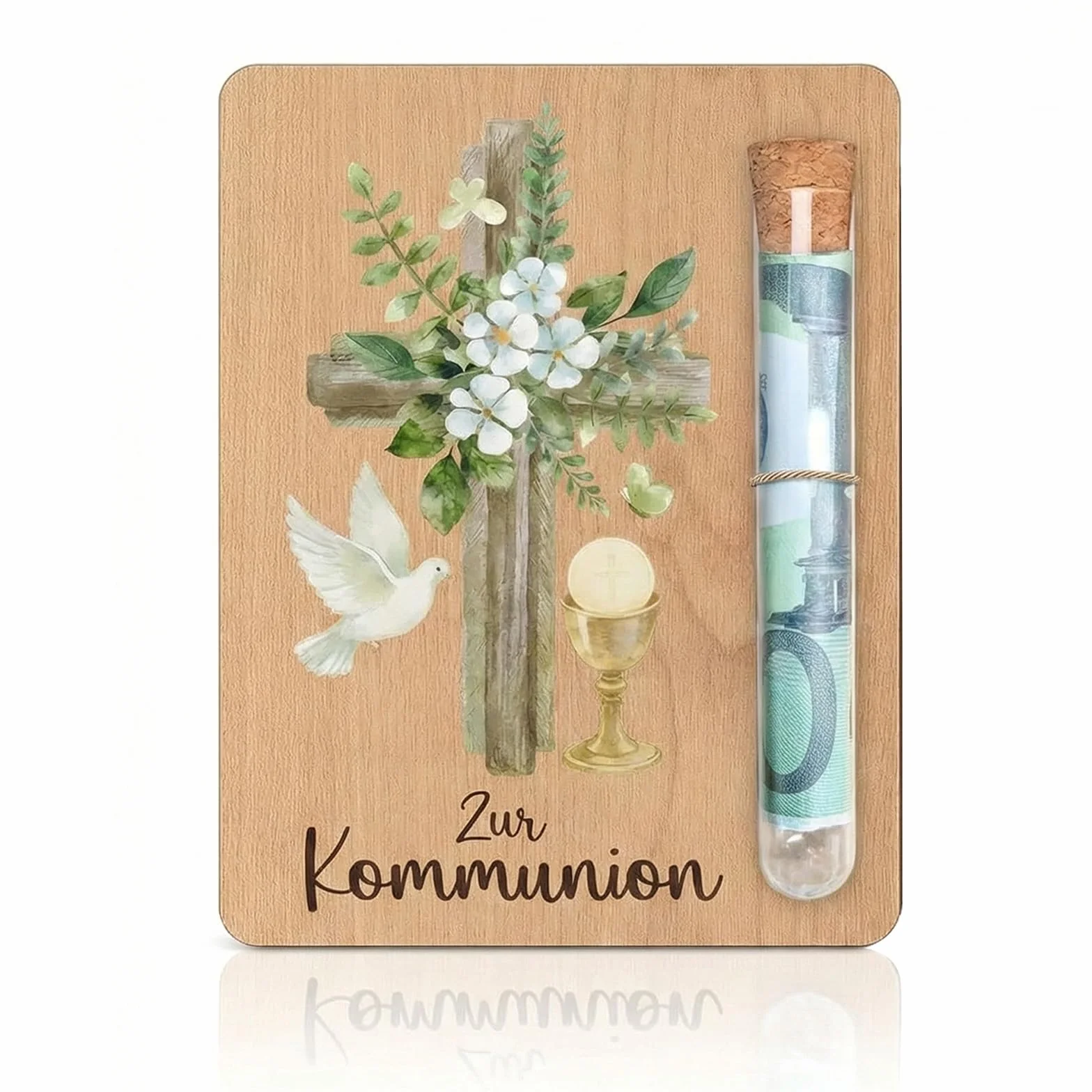 Carte en Bois Cadeau d’Argent Communion Motif Croix Colombe Tube à Essai Verre Boîte Cadeau Fille Garçon Confirmation