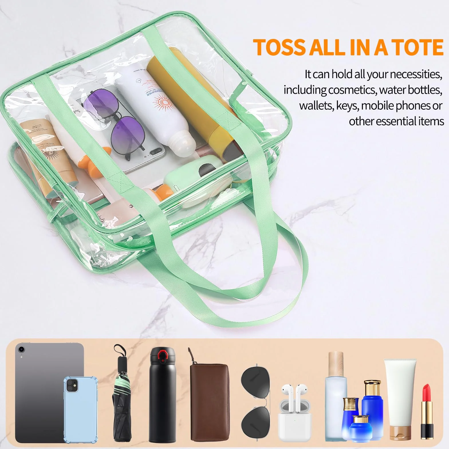 Trousse de maquillage transparente extra large en PVC transparent, étanche, vert