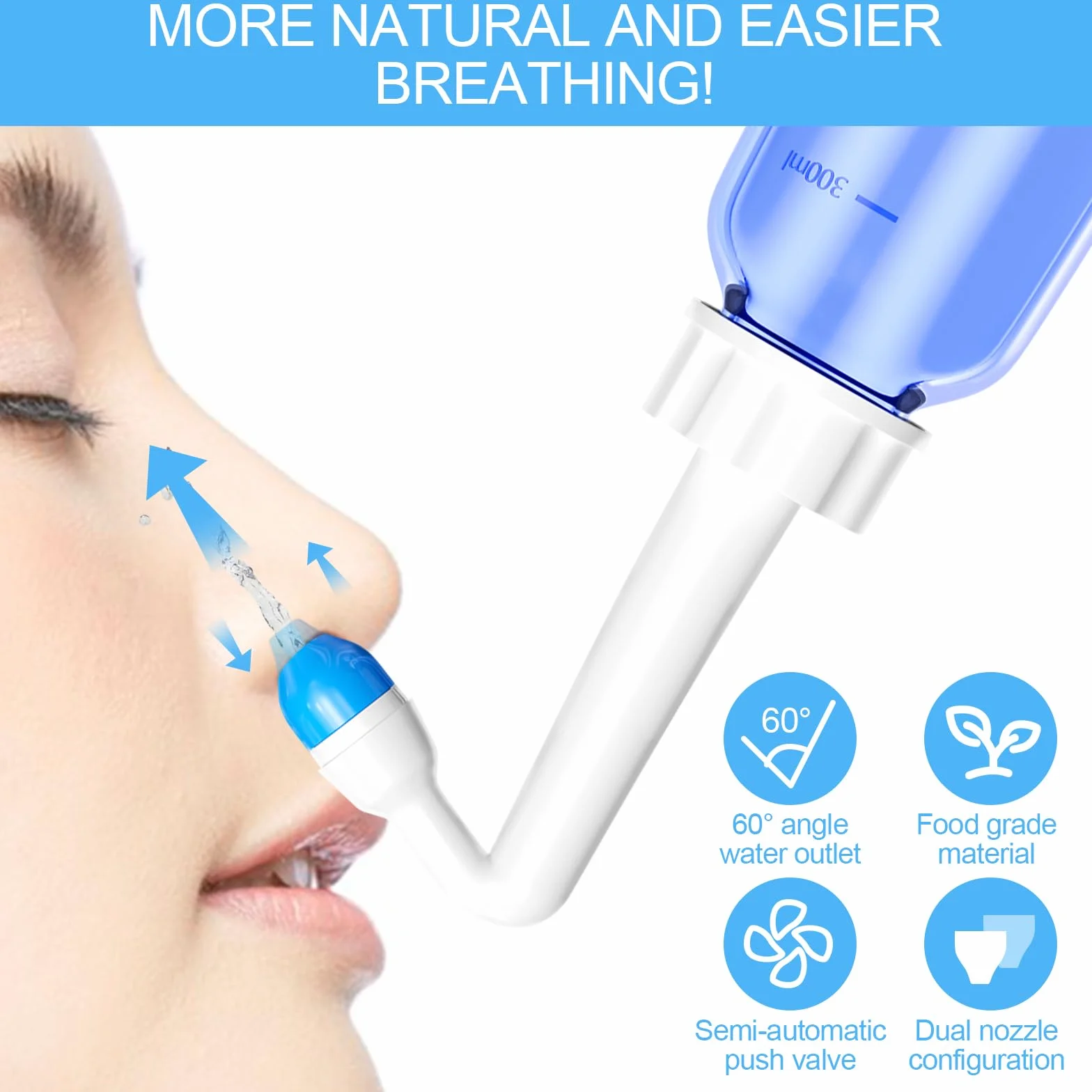 Lavage Nez 300ml Seringue Nasale Adulte avec Sachets de Sel Nasal Kit Irrigation Nasale