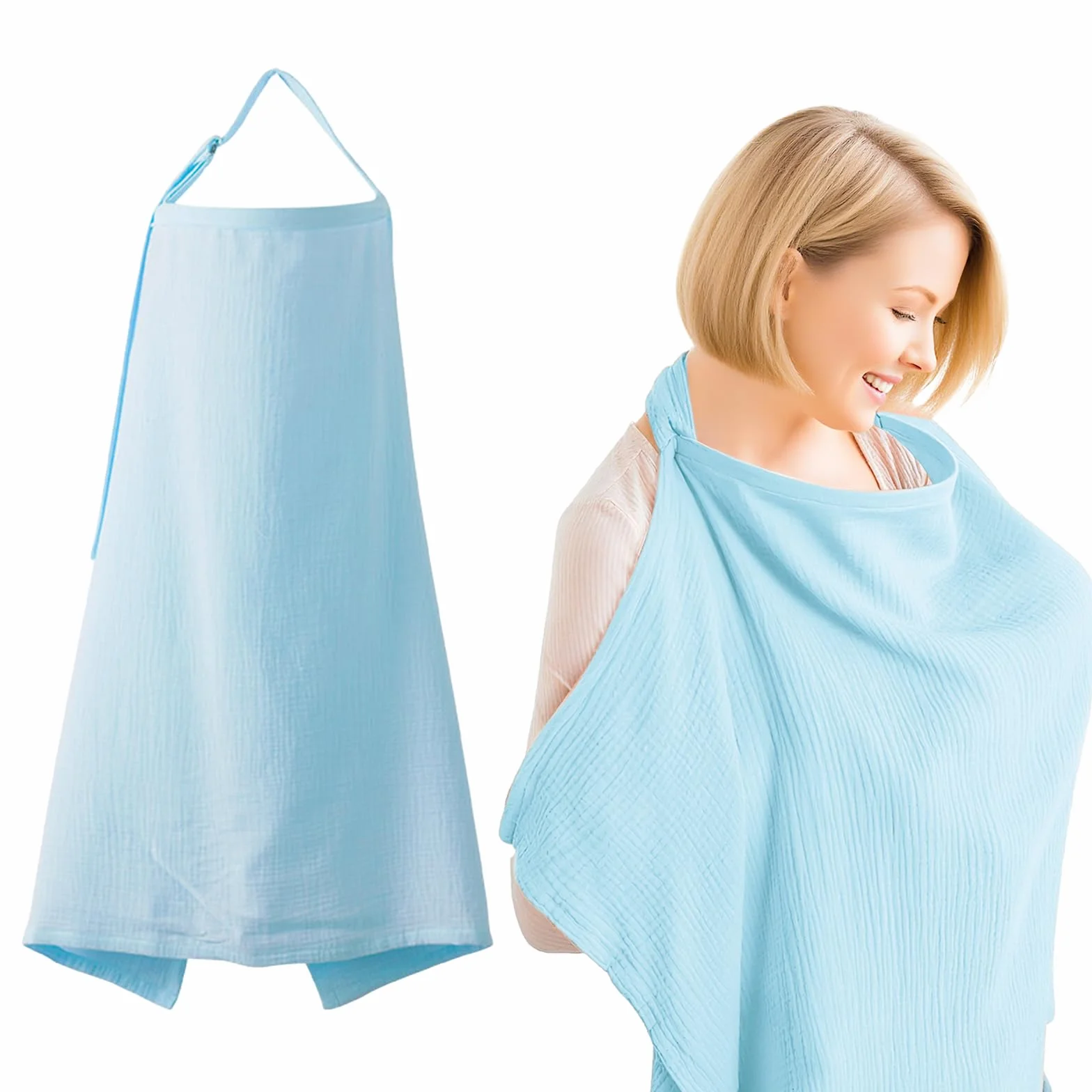 Tablier d'Allaitement en Mousseline 75x95cm, Cache Allaitement Respirant, Doux, Bleu